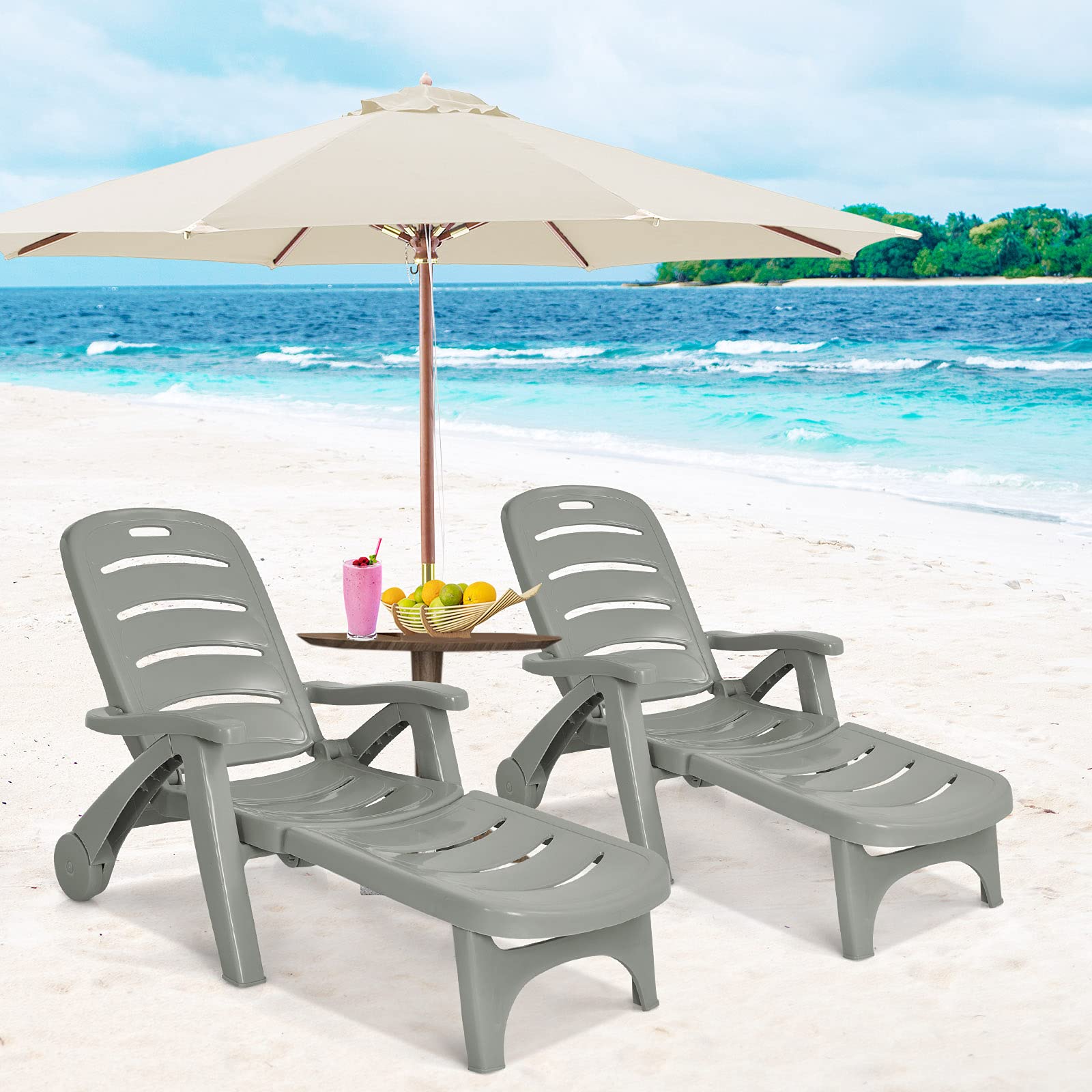Giantex Folding Patio Chaise Lounge Recliner with Wheels - 5 Adjustable Positions, Armrests & Rolling Design - Perfect for Poolside, Backyard, Garden, Beach & Outdoor Sunbathing (Gray, 2-Pack) - Ideal for Relaxing by the Pool, Lounging in the Yard or Soaking Up Sun at the Beach