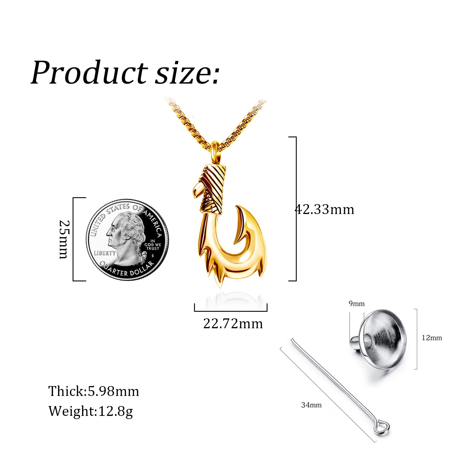 YSAHan Gold Fishing Hook Cremation Jewelry - Memorial Pendant for Ashes - Perfect Gift for Anglers