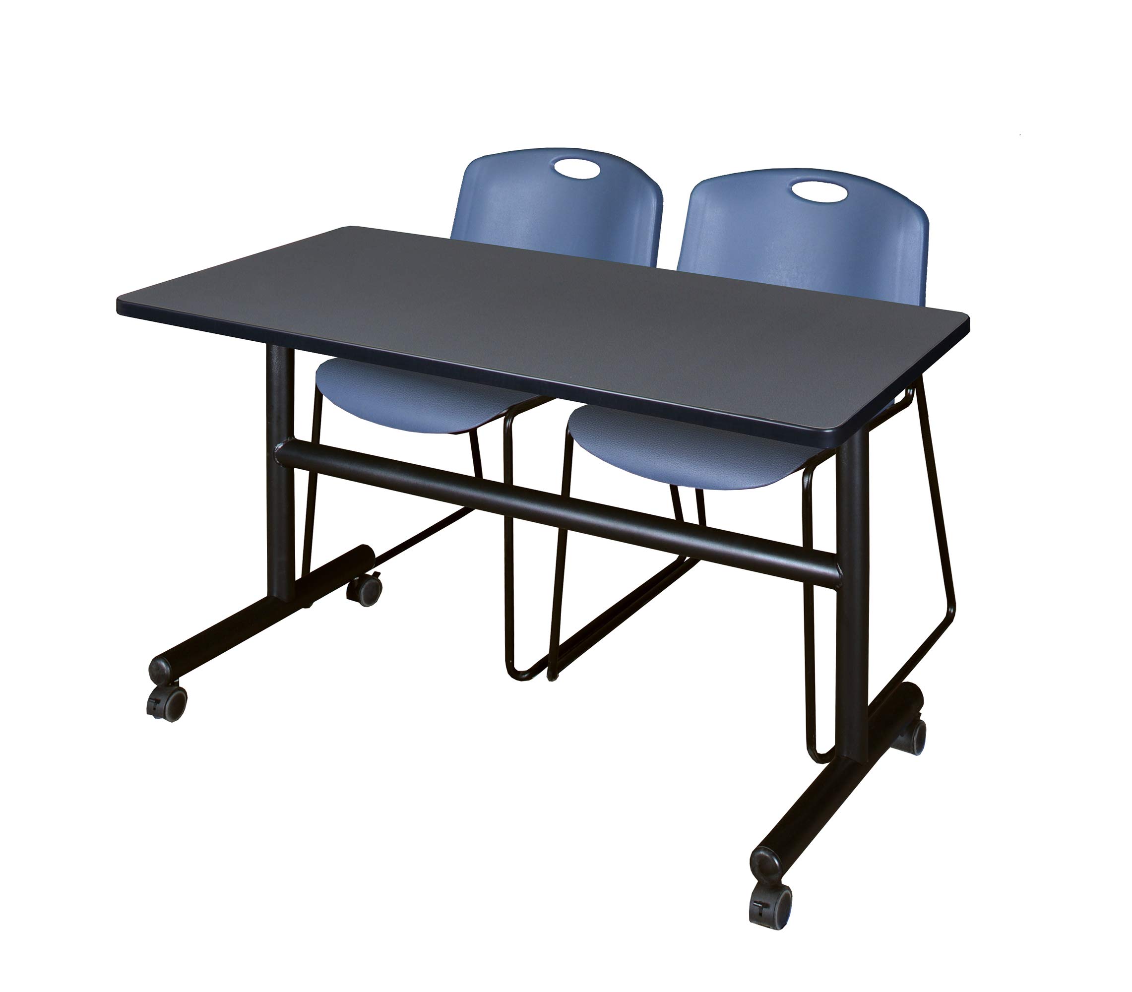Kobe 48-Inch Flip Top Mobile Training Table with 2 Zeng Stack Chairs - Grey & Blue Set for Home Gym, Office, or Classroom | Portable Folding Table and Chairs for Fitness Training, Meetings & Study