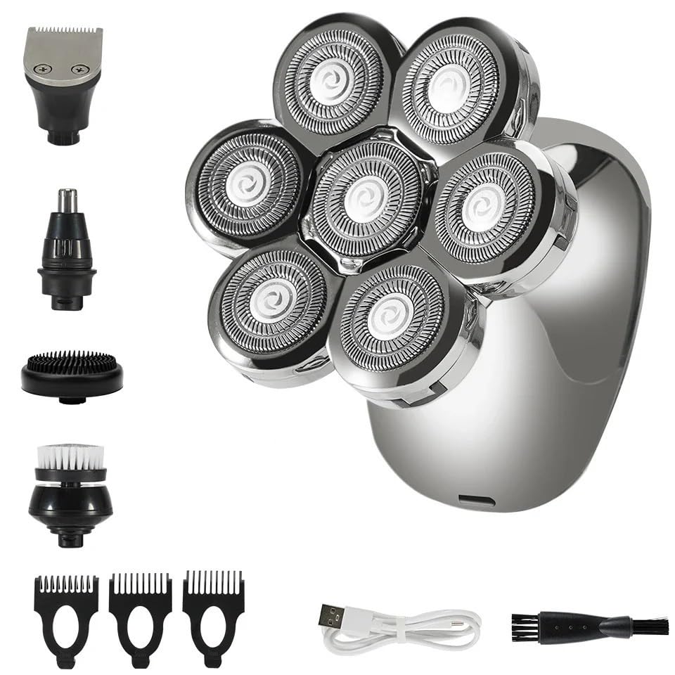 5-in-1 7D Electric Head Shaver for Bald Men - Waterproof Cordless Rechargeable Shaver with LCD Display | Men's Grooming Kit for Smooth Head Shaving at Home, Gym & Travel