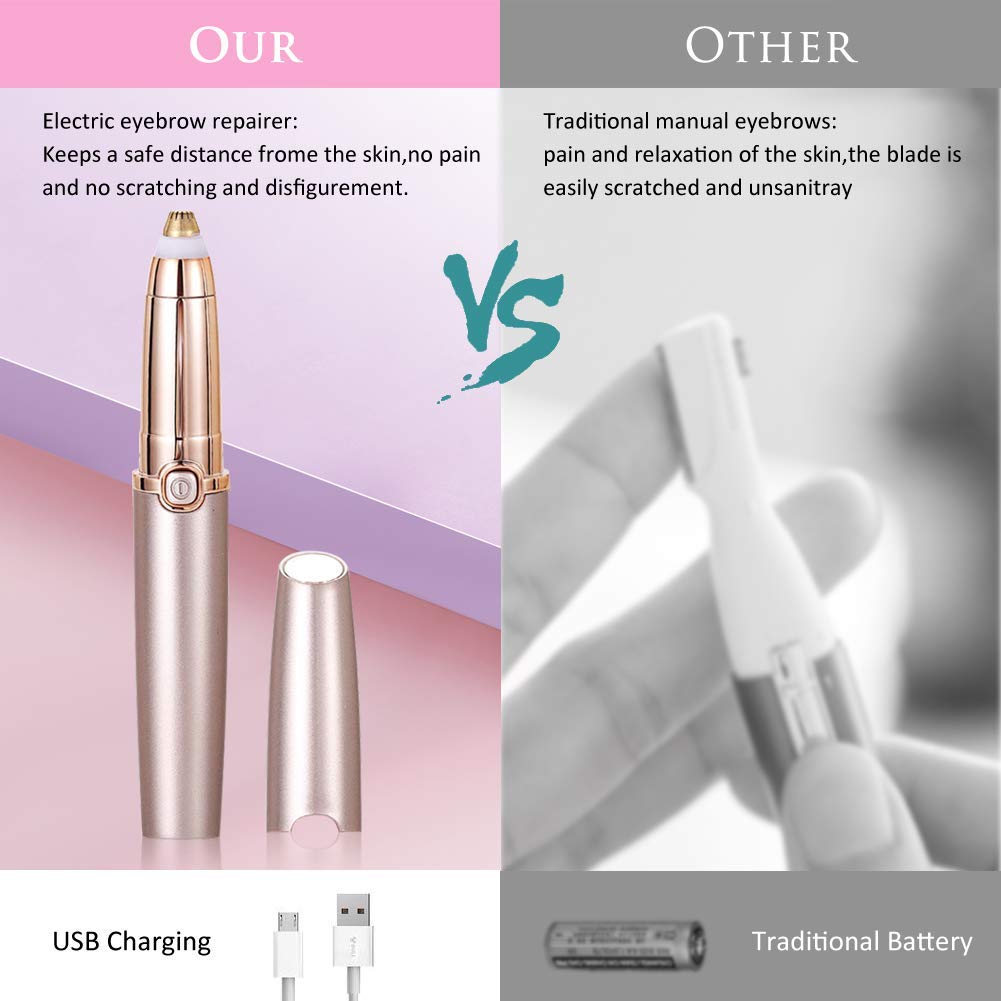 Painless Eyebrow Razor & Trimmer for Women - USB Rechargeable Eyebrow Epilator Pen with LED Light & Cleaning Brush - Precise Eyebrow Hair Remover for Home & Travel Use