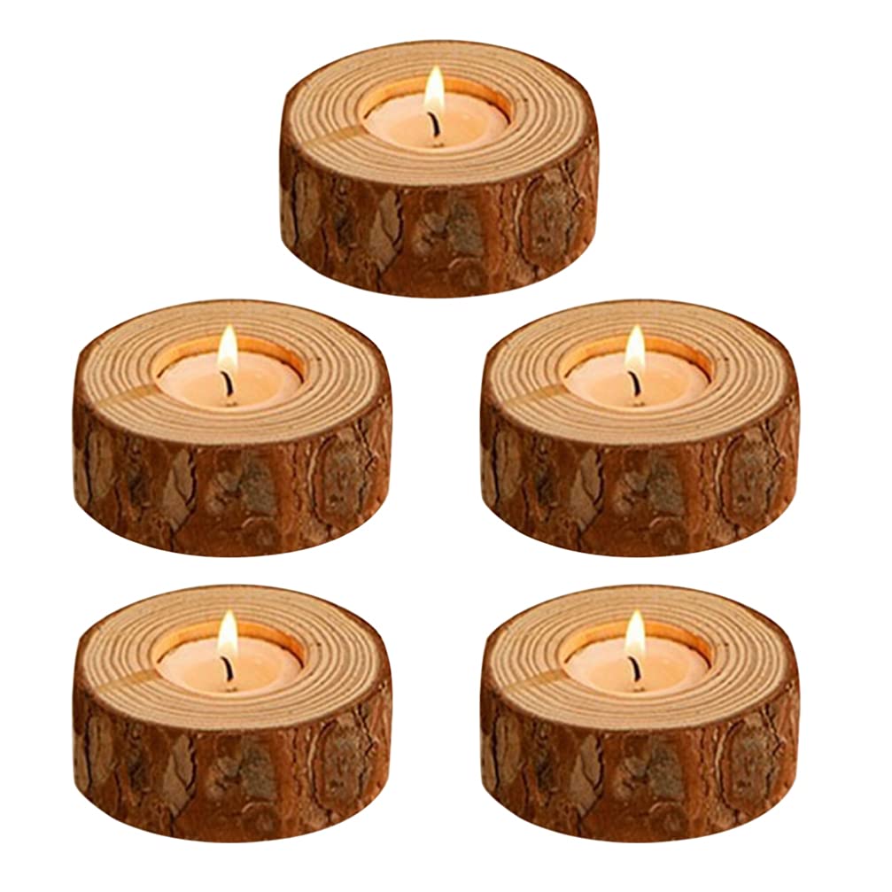 Vintage Wooden Tea Light Candle Holders Set of 5 - Tree Stump Votive Holders for Home Decor, Wedding Centerpieces, Photography Props & Cozy Ambiance