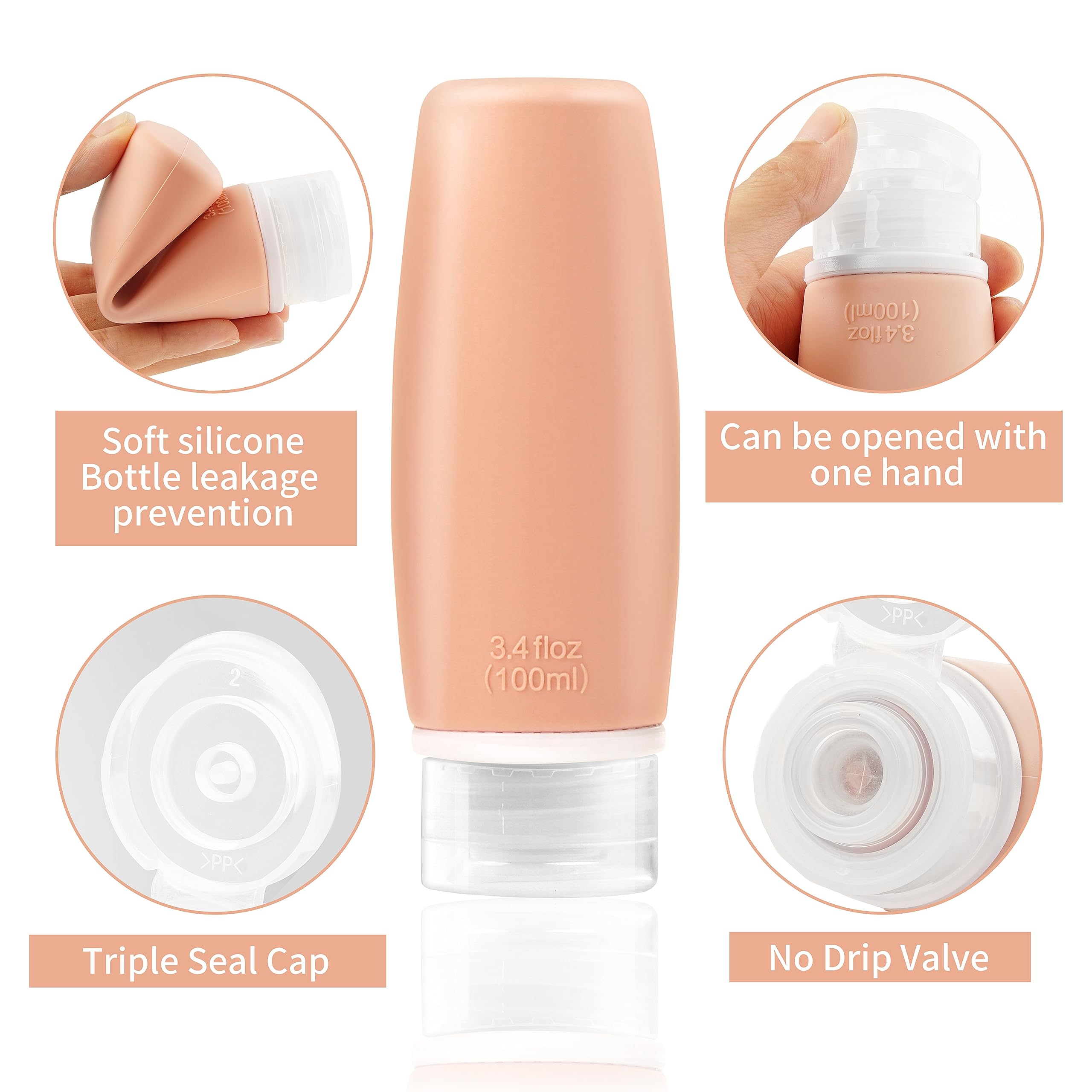**Portable 4-Pack 100ml/3.4oz Food-Grade Silicone Squeeze Bottles for Shampoo, Conditioner, Lotion & Toiletries – Leak-Proof Travel Containers for Gym, Camping & Air Travel**