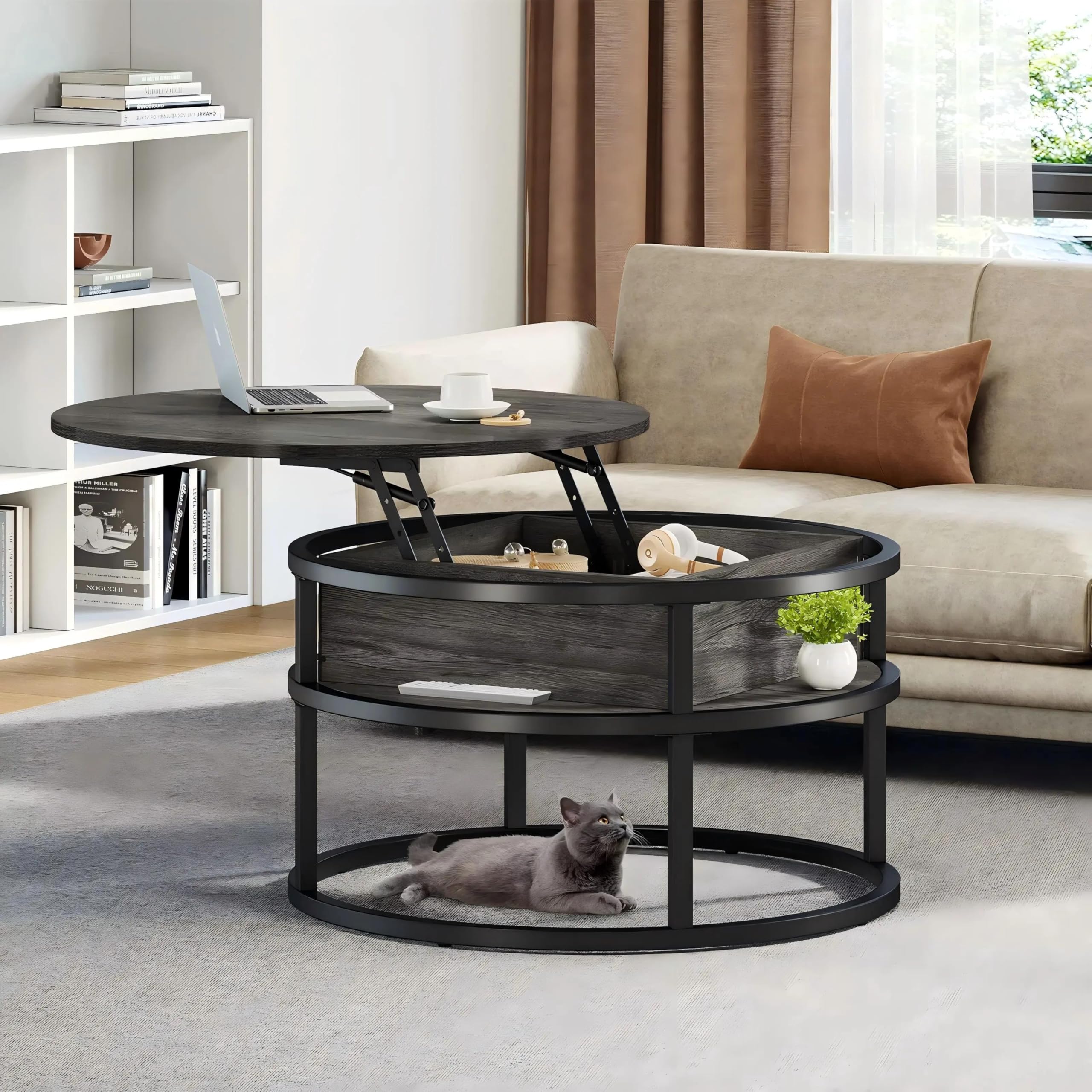 Round Lift Top Coffee Table with Hidden Storage - Modern Farmhouse Wood Center Table for Living Room - Perfect for Small Spaces, Home Decor & Entertaining Guests