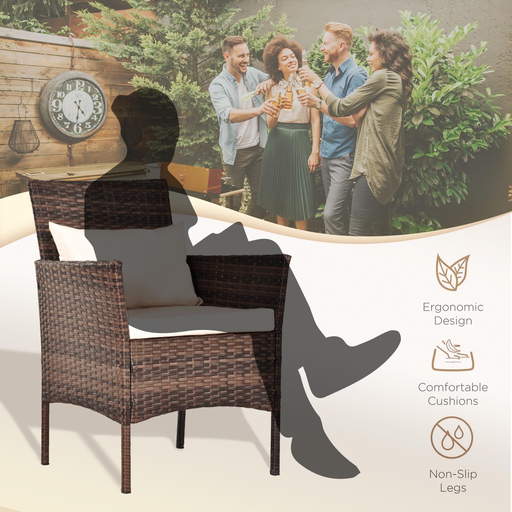 3-Piece Patio Conversation Bistro Set - Outdoor Wicker Chairs & Storable Table - Brown/Beige Balcony Furniture for Porch, Yard, Backyard & Apartment - Perfect for Relaxing, Entertaining & Small Space Living