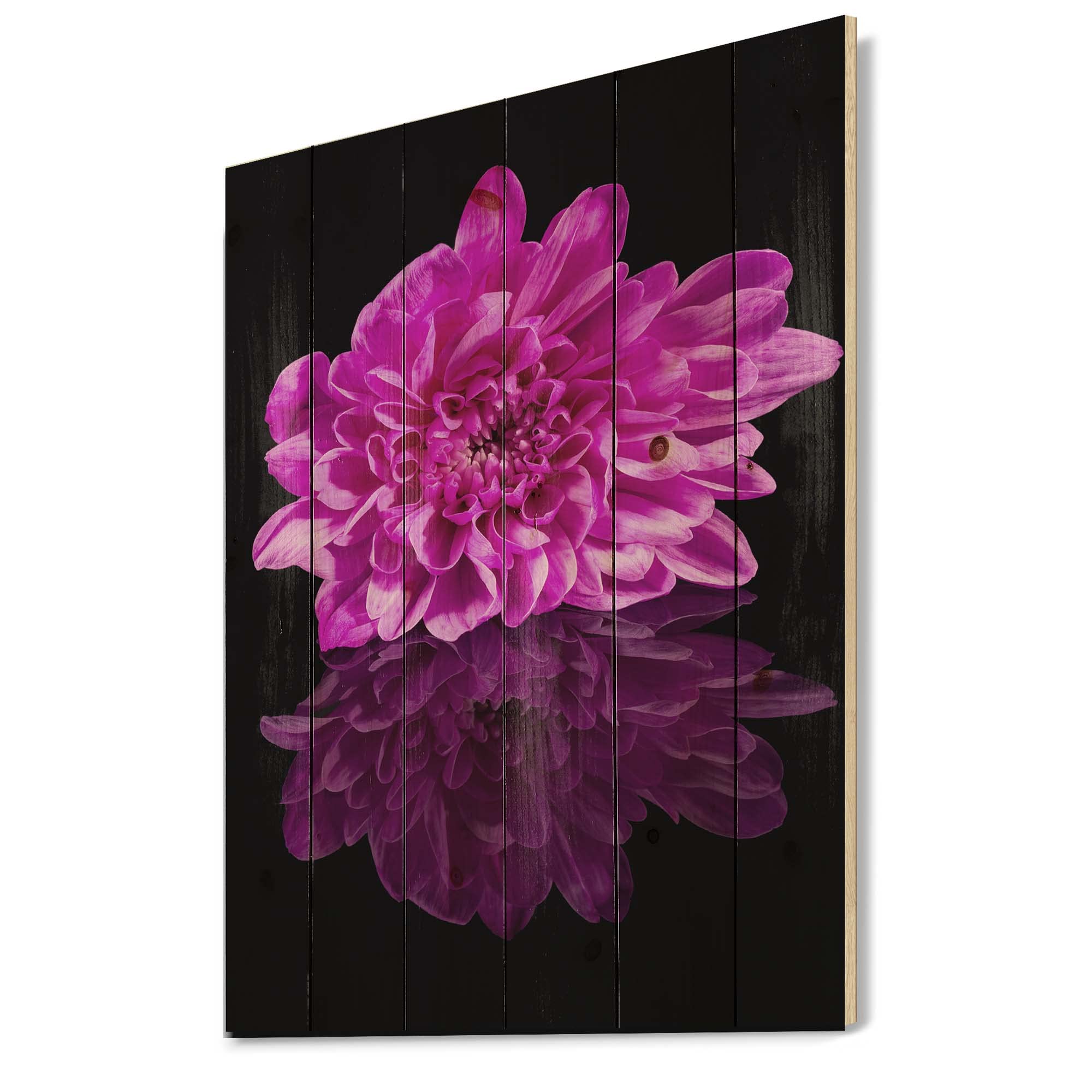 DesignQ Single Chrysanthemum Flower Wood Wall Art - Traditional Black Reflection Floral Decor, Large Purple Pine Wood Panel for Living Room, Bedroom & Office Decoration