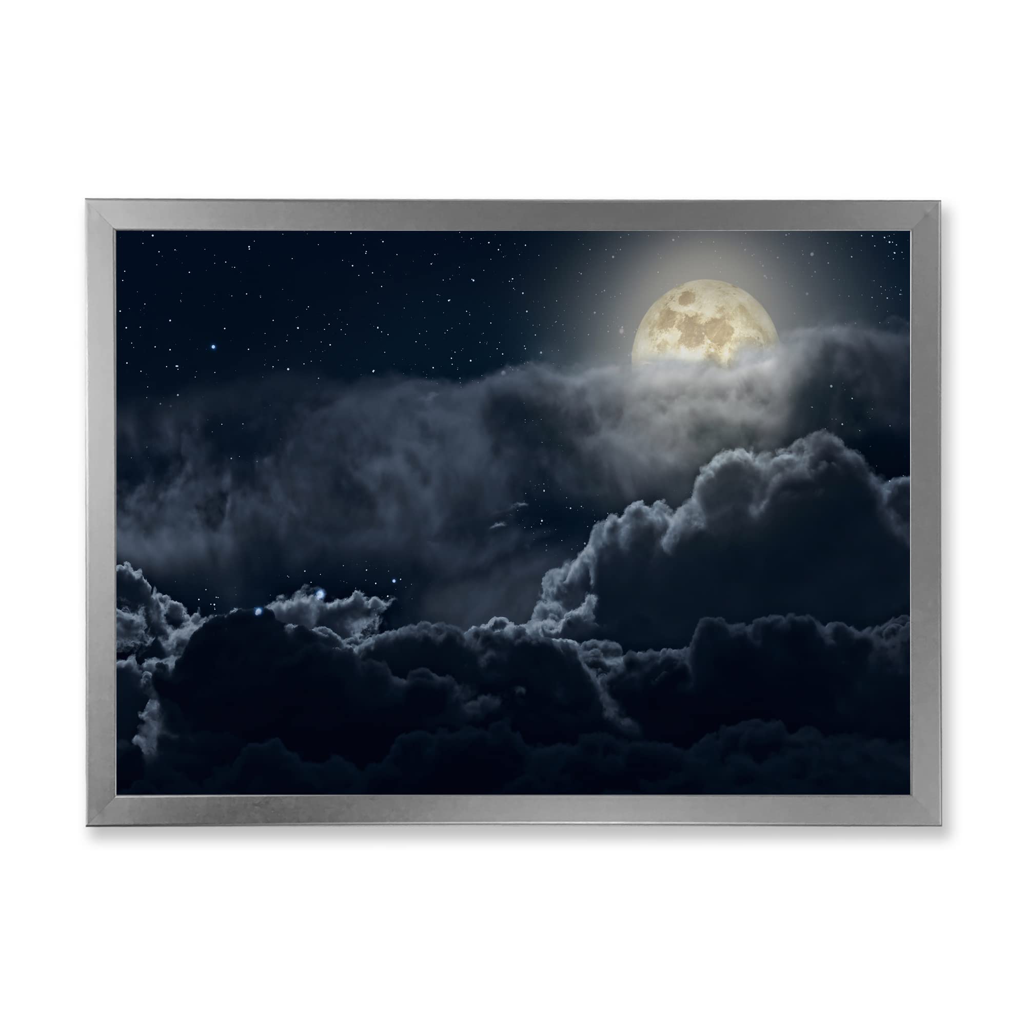 Cloudy Full Moon Night Nautical & Coastal Framed Wall Art - Ocean Themed Home Decor for Living Room, Bedroom, Beach House & Office