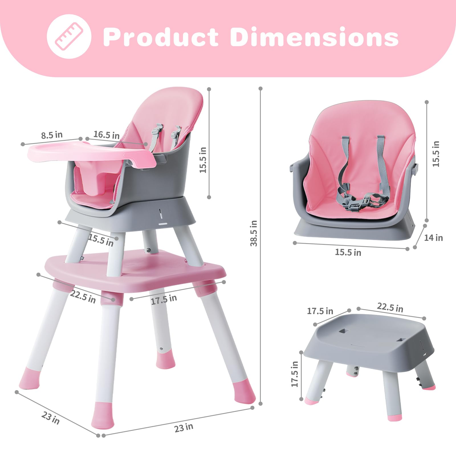 8-in-1 Convertible Baby High Chair with Removable Tray - Adjustable Toddler Learning Table, Building Block Play Table & Kids Stool Set (Pink) - Perfect for Mealtime, Playtime & Early Childhood Development