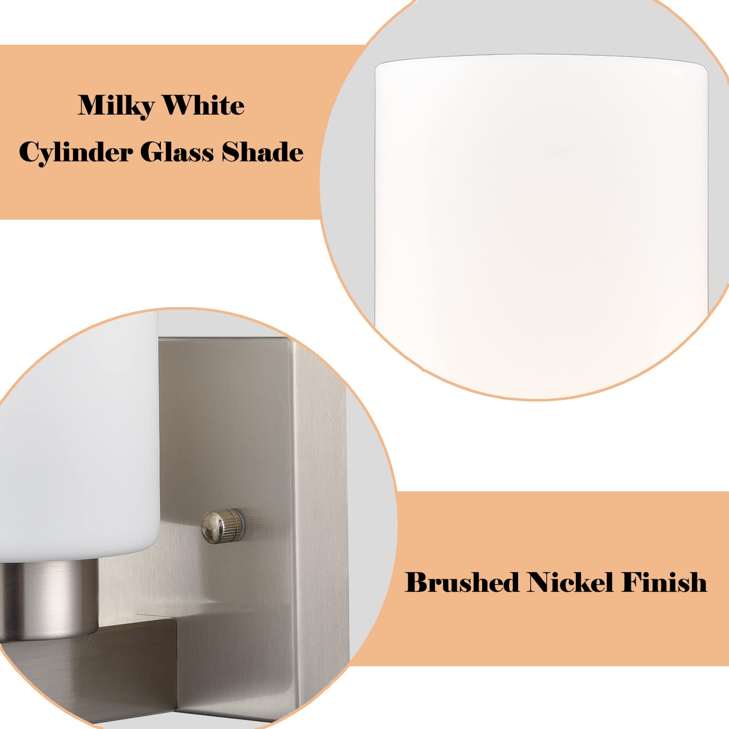 Modern Brushed Nickel Wall Sconces Set of 2 - Bathroom Vanity Lights with Milky White Cylinder Glass Shades for Bedroom, Hallway & Living Room Lighting Decor