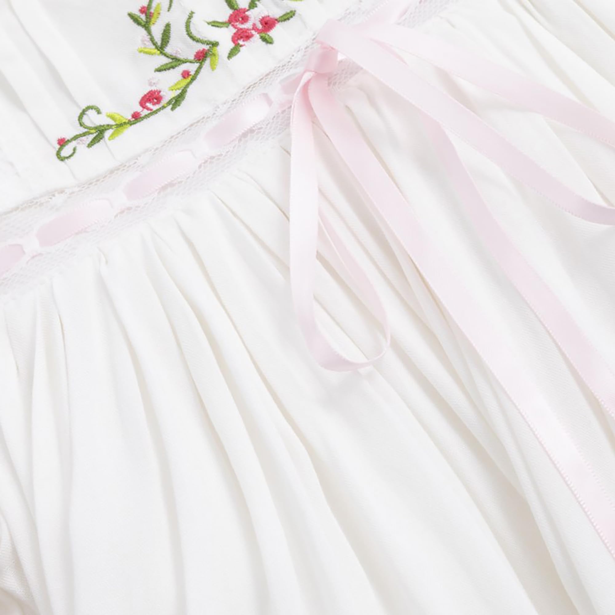 Girl's Embroidered Floral Cotton Dress with Lace Crew Collar & Puff Sleeves | Heirloom Kids Casual Clothing | Perfect for Birthday Parties, Easter & Family Photos