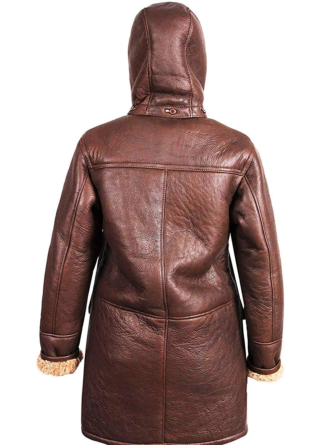 Women's Mid-Length Brown Duffle Coat Hooded Sheepskin Leather B3 Jacket - Warm Winter Outerwear for Casual & Outdoor Activities