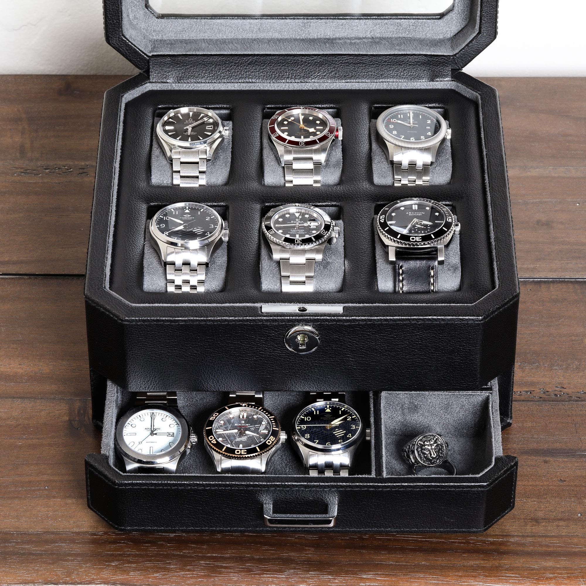 Premium ROTHWELL 6-Slot Leather Watch Box with Valet Drawer - Luxury Watch Case Organizer with Microsuede Lining & Locking Mechanism - Men's Jewelry Storage Box with Large Glass Top (Black/Grey) - Perfect for Watch Collectors, Travel & Home Display