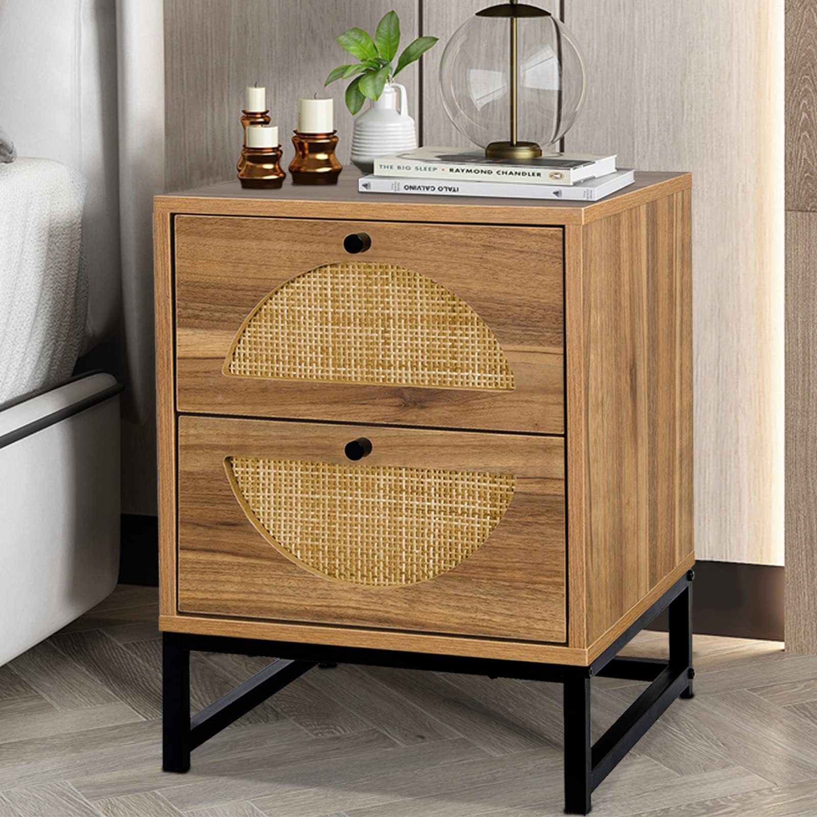 Rattan Nightstand with 2 Drawers & Metal Legs - Natural Rustic Bedside Table for Bedroom, Living Room | End Table with Storage Shelf for Home Decor & Organization