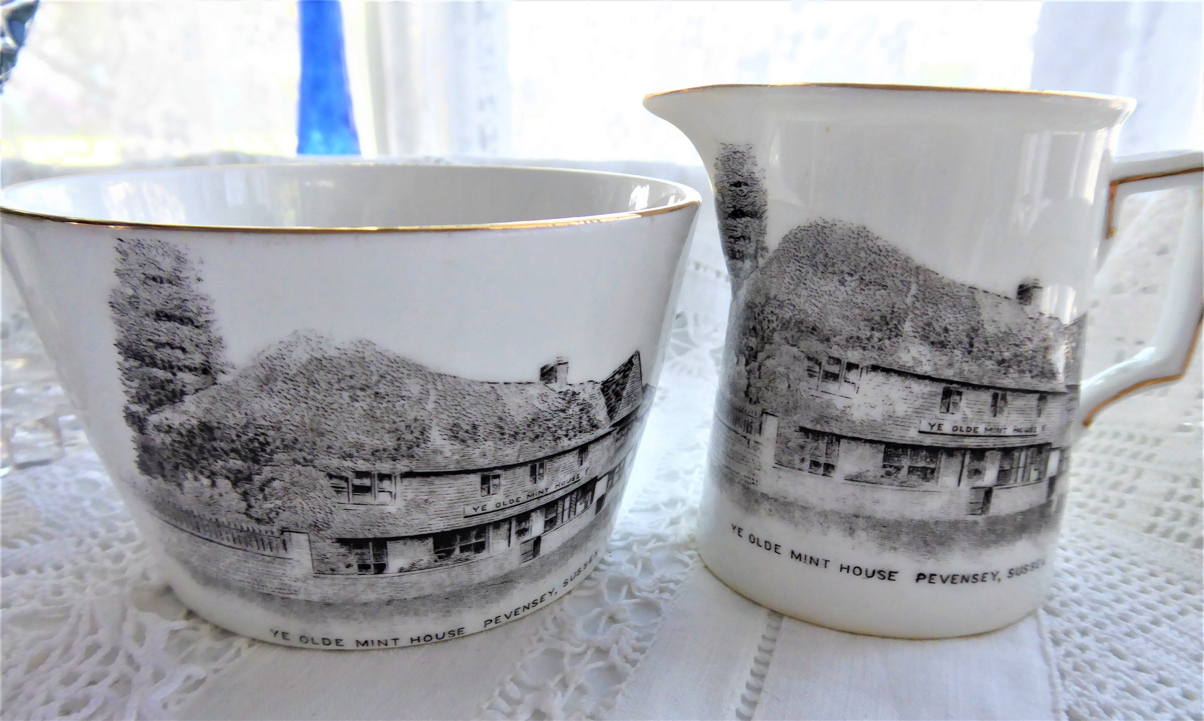 Vintage Shelley Cream and Sugar Set - Ye Olde Mint House Pevensey Milk Sussex 1910s Antique English Tea Service for Afternoon Tea and Collectors Display