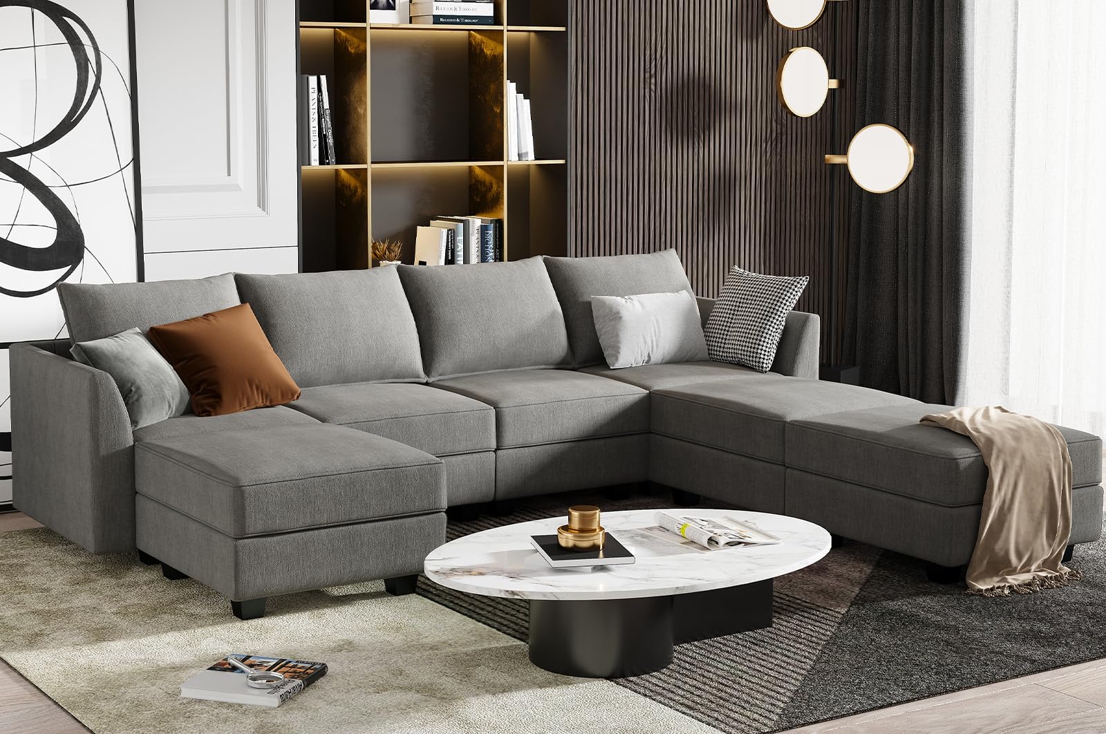 HONBAY U-Shaped Modular Sectional Sofa with Ottomans - 7-Piece Reversible L-Shaped Couch Set with Storage Seats, Grey Fabric - Perfect for Living Room, Family Room, and Home Theater Comfort