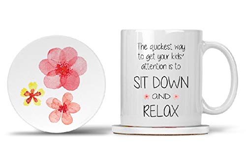 Funny Novelty Mom Ceramic Coffee Mug with Matching Coaster - 11oz Cute Gift for Mother's Day, Birthday & Christmas - Perfect for Relaxing with Cold Coffee & Getting Kids' Attention - Ideal for Home, Office & Mother's Day Gifts