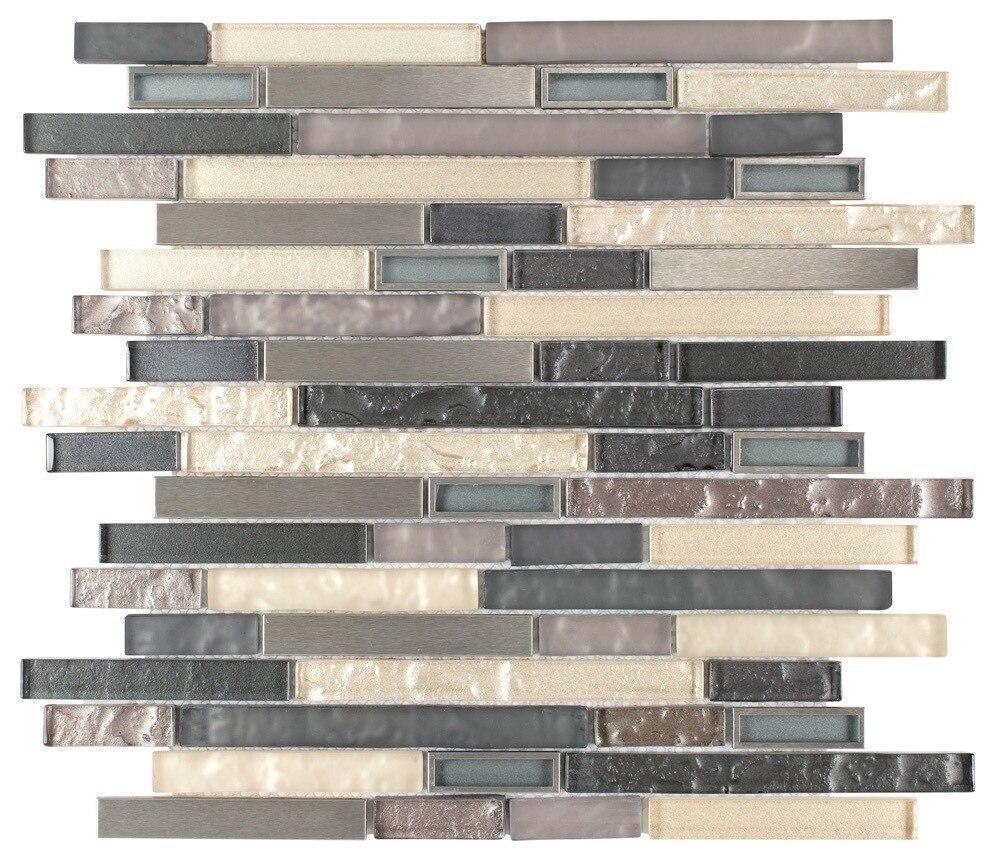 Modern Stainless Glass Mosaic Tile Linear Khaki Grey - Peel and Stick Backsplash for Kitchen, Bathroom, and Fireplace Decor