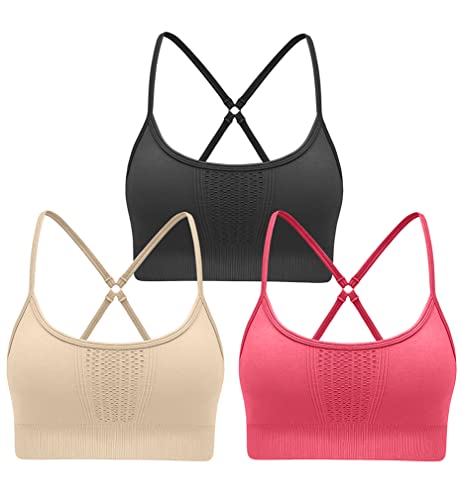 LNSK Women's 3 Pack Cross Back Sports Bras with Removable Cups - Seamless Yoga, Gym & Workout Bras for Active Women - Perfect for Running, Fitness Training and Daily Wear