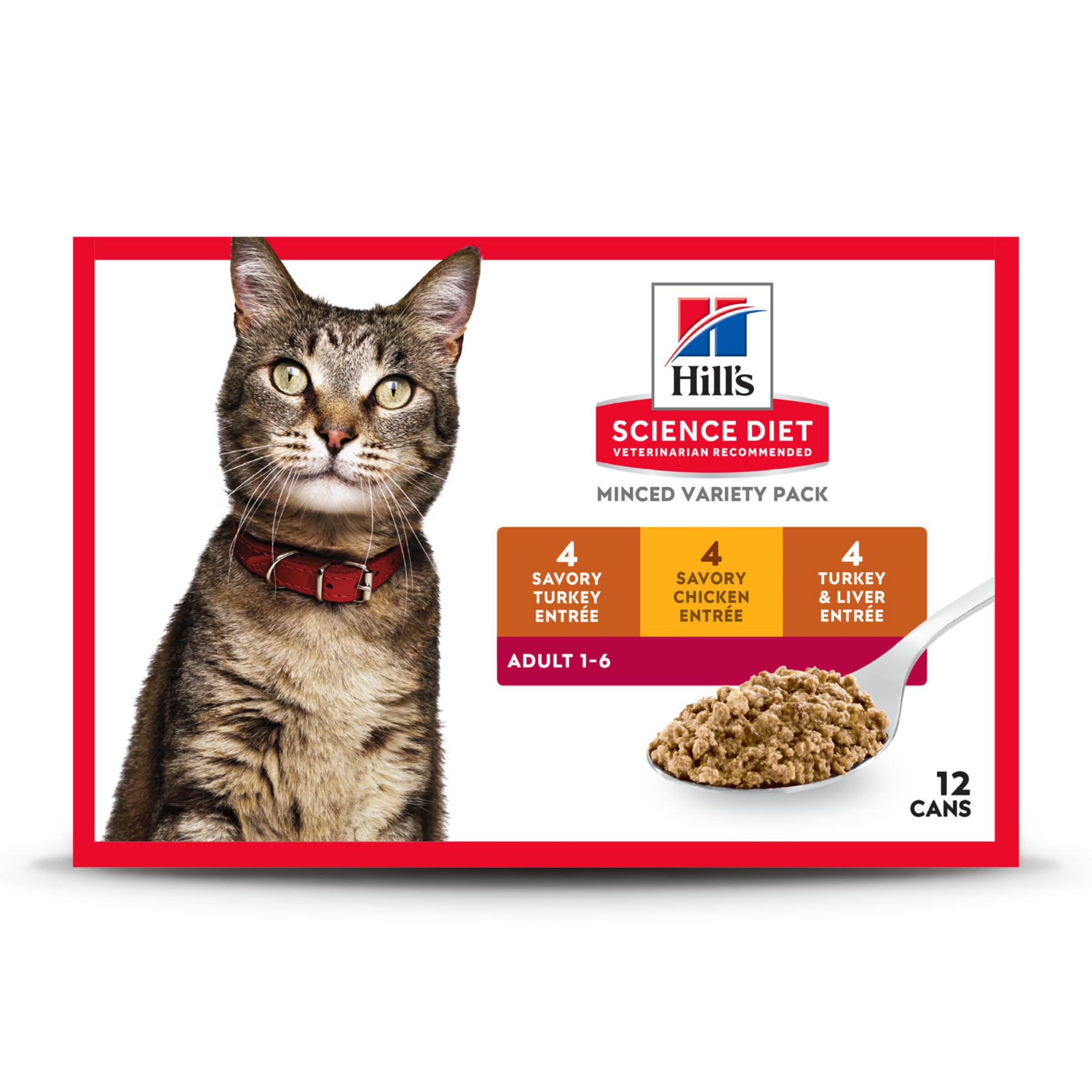 Hill's Science Diet Adult 1-6 Premium Nutrition Wet Cat Food Variety Pack - Turkey, Chicken & Liver Minced (5 oz Cans, Case of 12) | High Protein Cat Food for Indoor & Outdoor Cats | Perfect for Daily Meals & Weight Management