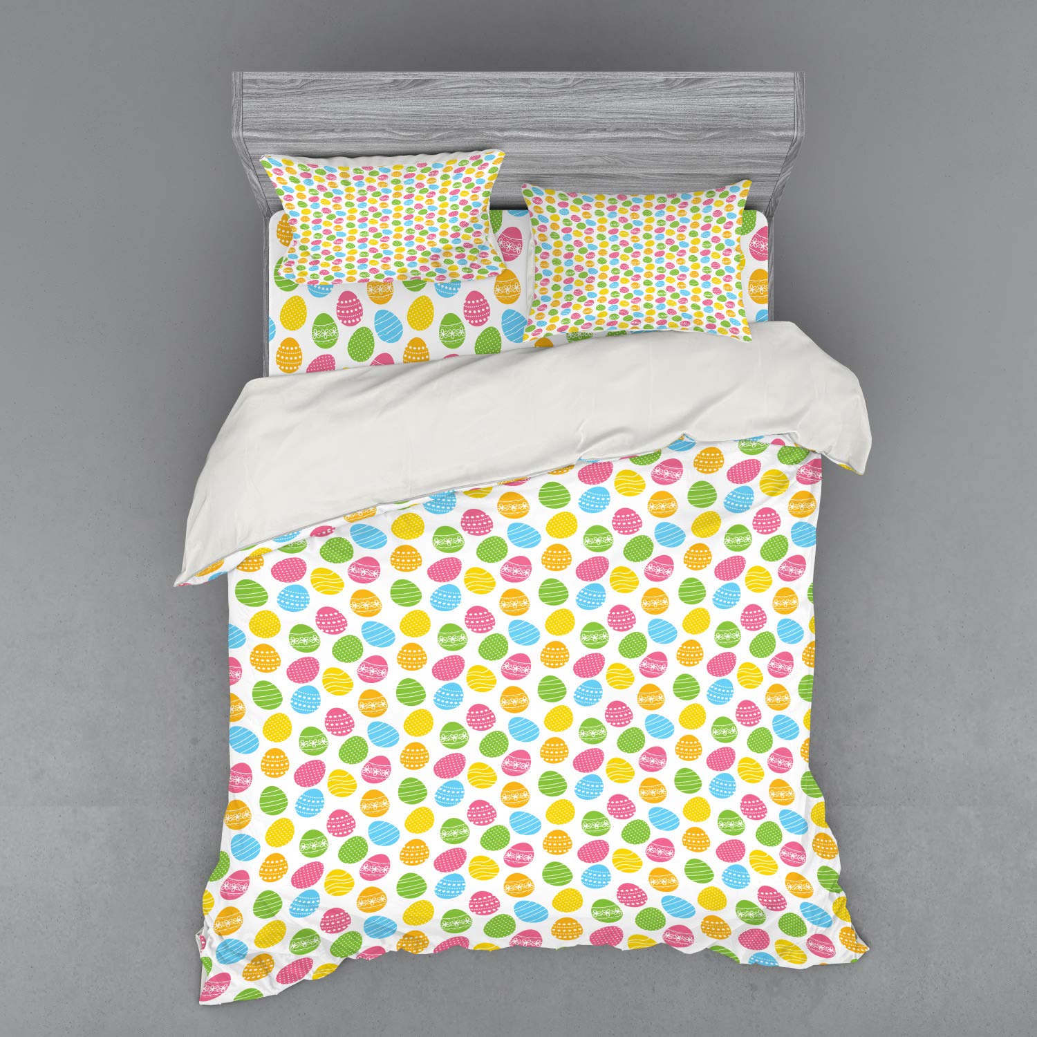 Ambesonne Easter Duvet Cover Set - 4 Piece Queen Size Bedding with Shams & Fitted Sheet - Colorful Spring Holiday Celebration Design - Perfect for Easter Decorations, Spring Bedroom Makeover & Seasonal Home Decor