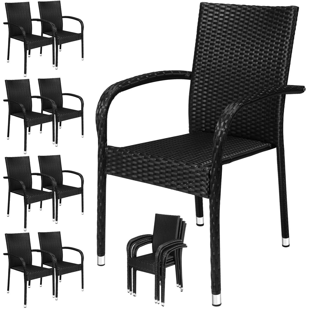 CASARIA® 8-Piece Outdoor Garden Chair Set - Weather-Resistant Poly Rattan Stackable Lightweight Armchairs for Patio, Balcony, Poolside & Backyard - Black