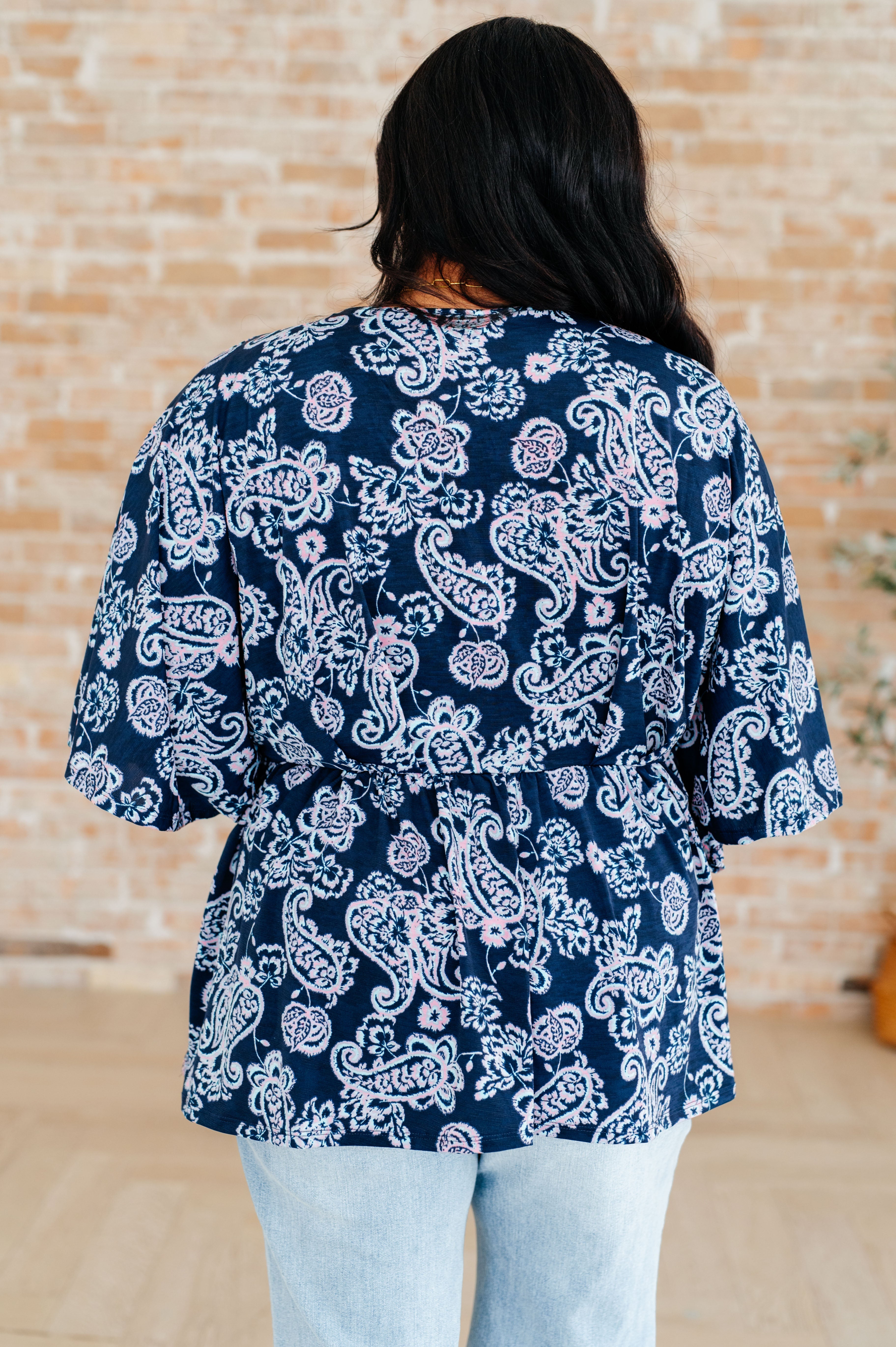 Dear Scarlett Navy and Pink Paisley Dreamer Peplum Top - Women's Floral Print Blouse for Casual Wear, Date Night & Office Outfits