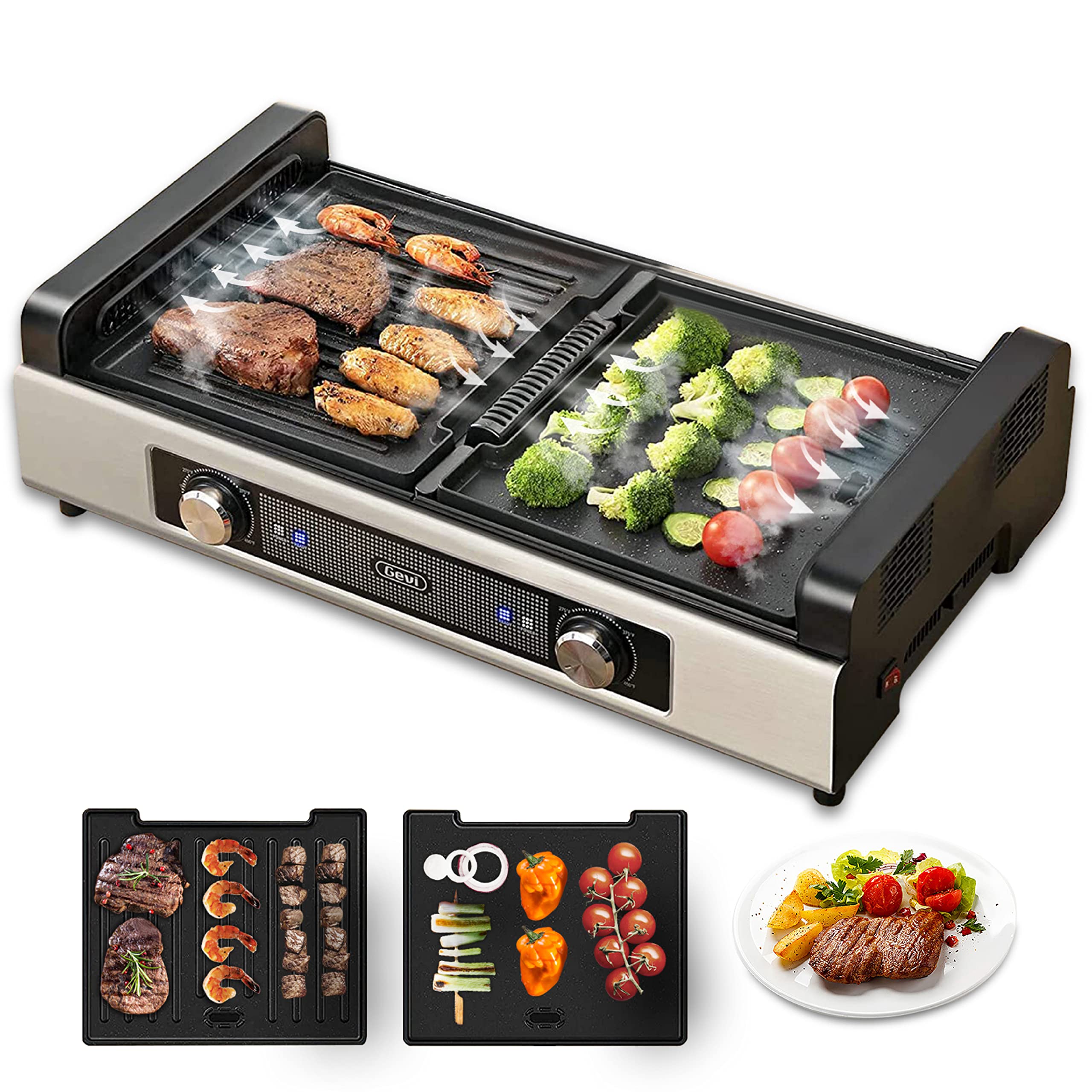Gevi Electric Indoor Smokeless Grill and Griddle - 2-in-1 Nonstick Cooking Plates with Adjustable Temperature Control - Perfect for Healthy Meals, Family BBQs & Small Kitchen Spaces (Black)