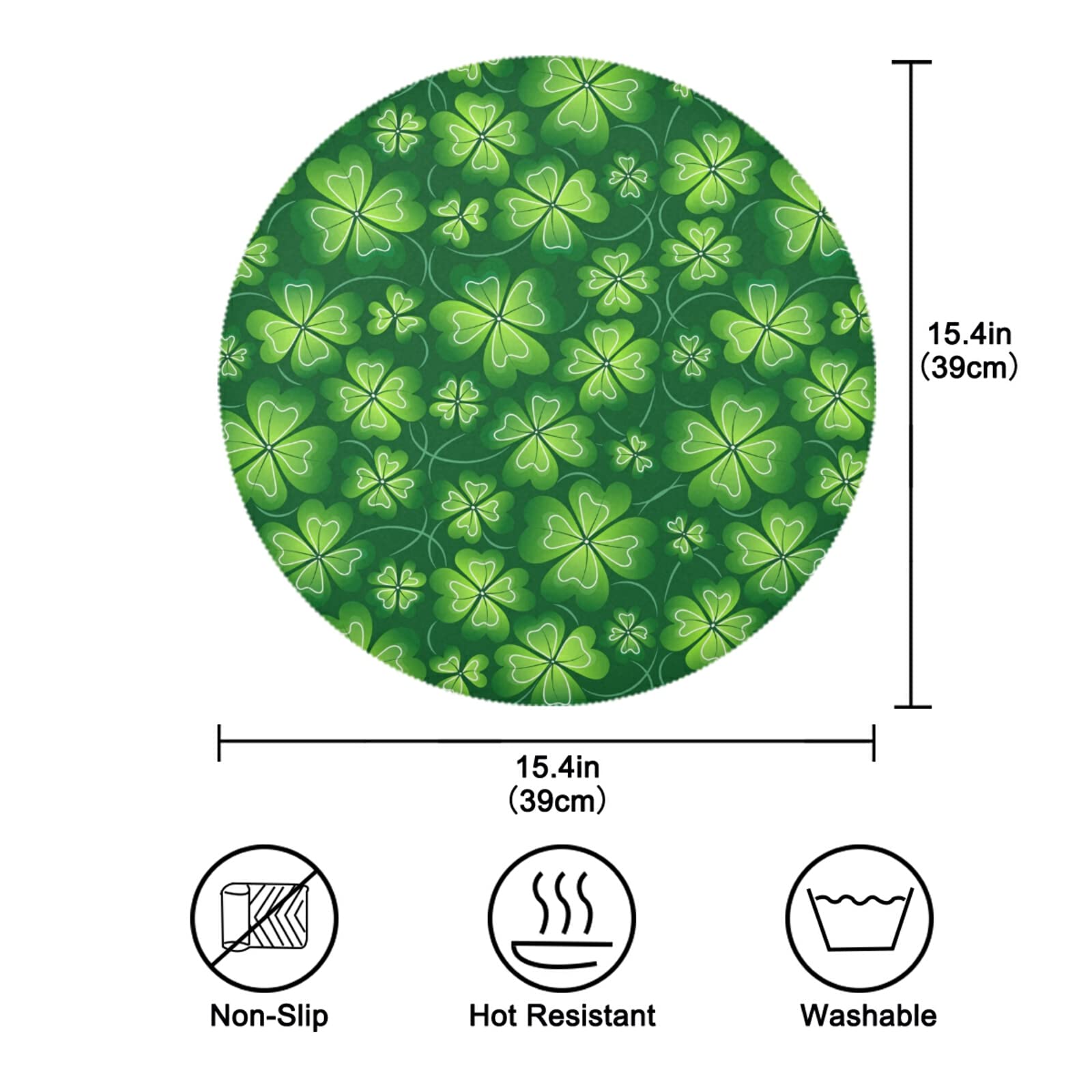Dark Green Clover St. Patrick's Day Placemats - Set of 4 Round Heat Insulation & Non-Slip Dining Table Mats (15.4 Inch) for Kitchen, Holiday Decor & Irish Themed Parties - Perfect for St. Paddy's Celebrations, Dinner Gatherings & Festive Home Decor
