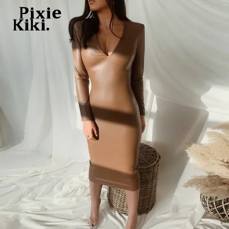 Black Brown Faux Leather Deep V-Neck Long Sleeve Bodycon Dress for Women - Elegant Sexy Midi Dress for Party, Club, Night Out, Date Night & Special Occasions