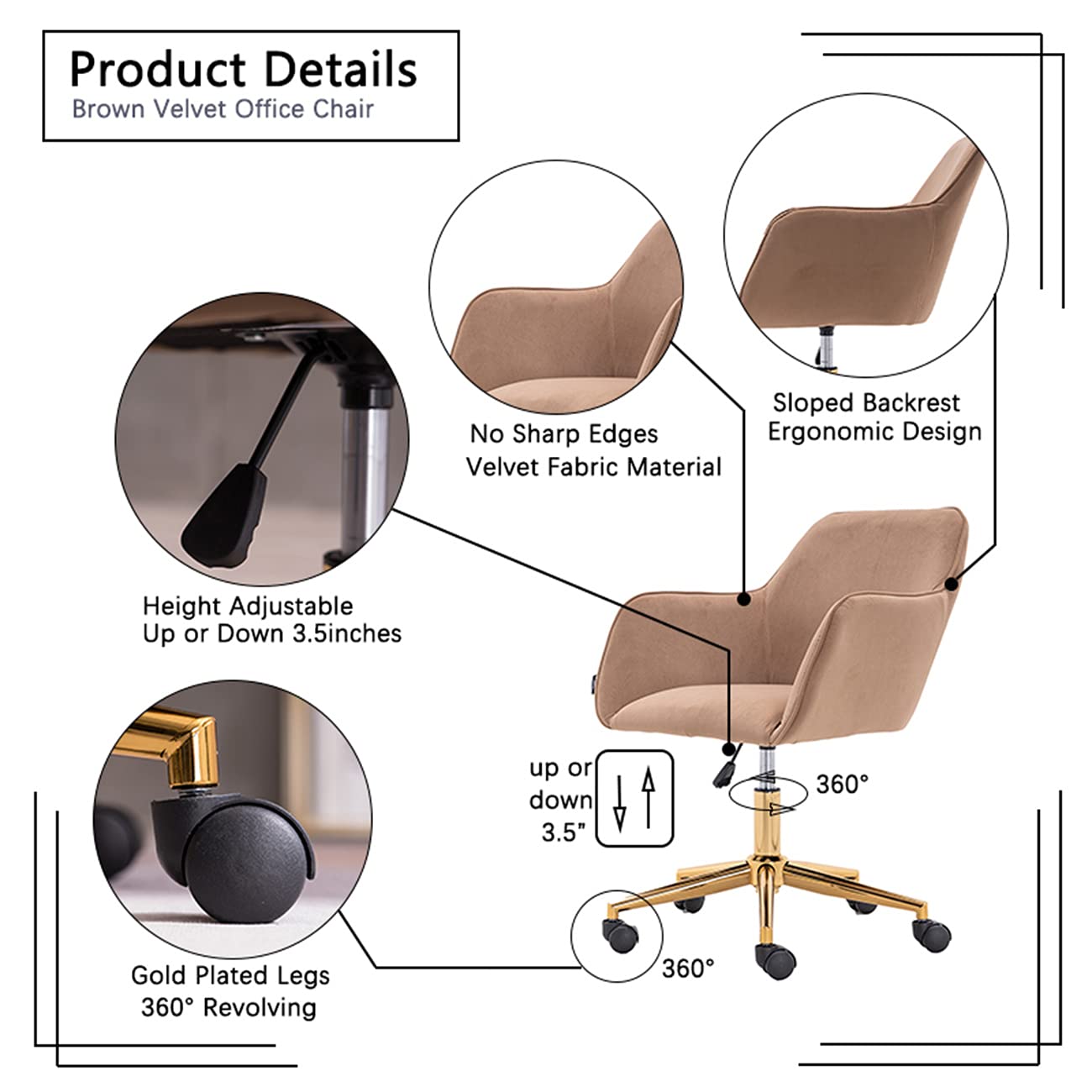 Ergonomic Swivel Office Chair with Wheels & Adjustable Armrests - Modern Velvet Task Chair for Home Office, Bedroom & Workspace - Light Coffee Computer Desk Chair for Comfort & Productivity