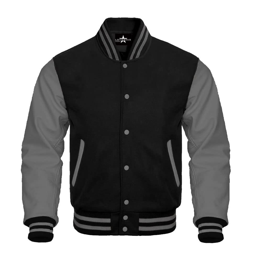 Longstar Baseball Varsity Bomber Jacket - Genuine Leather Sleeves & Wool Body - Black/Red Letterman Jacket for High School & College Athletes | Perfect for Baseball Games, School Events & Casual Wear