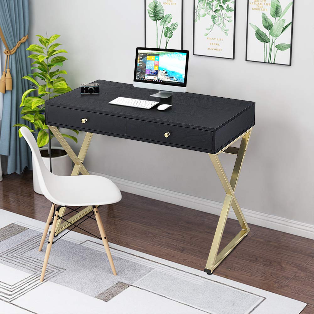 Modern Black & Brass Writing Desk with 2 Drawers - Elegant Vanity Dressing Table for Women, Stylish Makeup Desk, Home Office Workstation for PC/Laptop - Perfect for Bedroom, Living Room, and Home Office Spaces