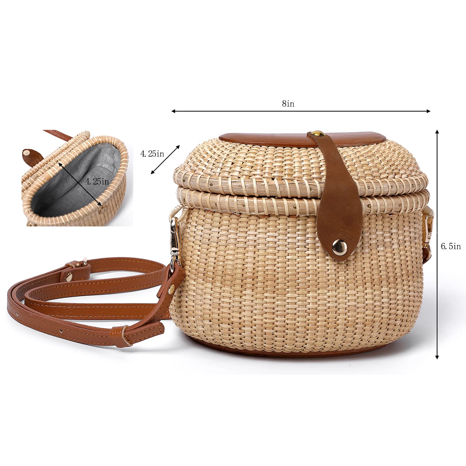Nantucket Basket Tall Crescent Purse - Handwoven Cane-on-Cane Rattan Shoulder Bag for Women - Perfect for Beach, Summer Outfits & Boho Fashion Accessories
