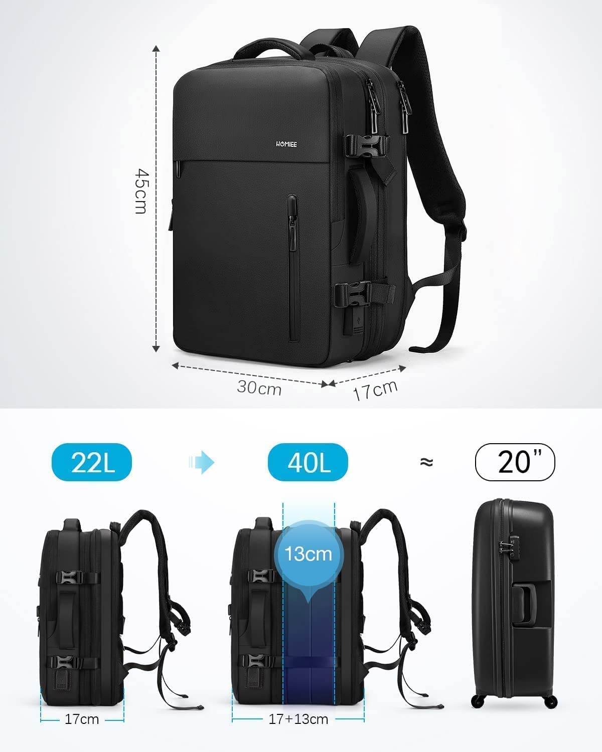 HOMIEE 40L Expandable Waterproof Laptop Backpack for Business Travel - Flight Approved Carry-On Backpack Fits 15.6 Inch Laptop, Large Capacity Anti-Theft Travel Backpack (Black) - Perfect for Business Trips, Commuting & Airplane Travel