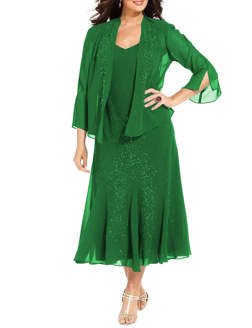 Elegant Plus Size Mother of The Bride Dress with Jacket - Beaded Formal Evening Gown Tea Length for Weddings, Parties & Special Occasions