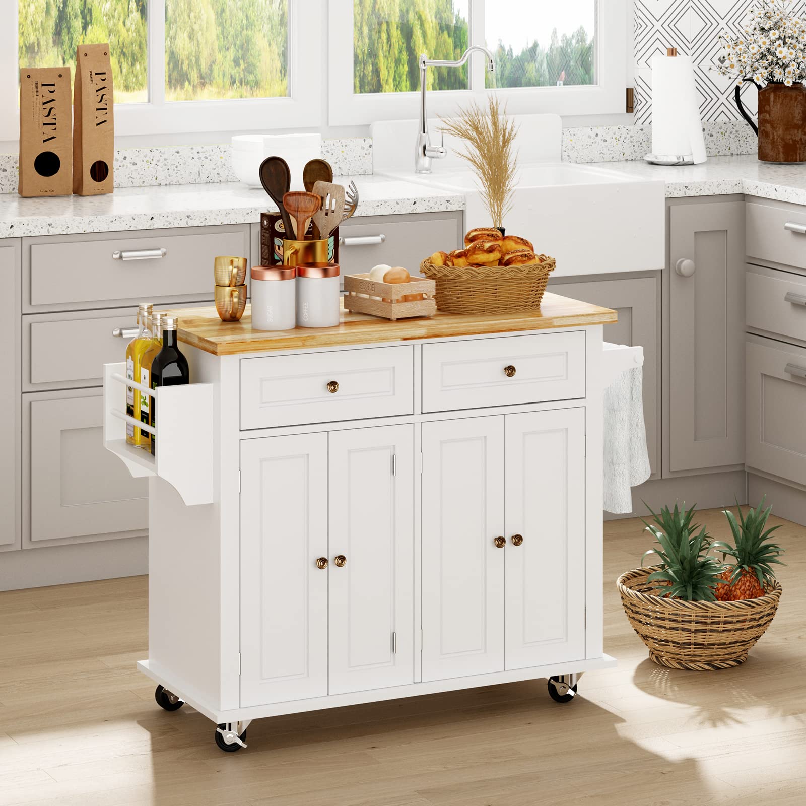 DlandHome Rolling Kitchen Island Cart with Storage Drawer, Wheels, Towel Holder & Spice Rack - Mobile Kitchen Organizer for Small Spaces, Apartments & Cooking Prep