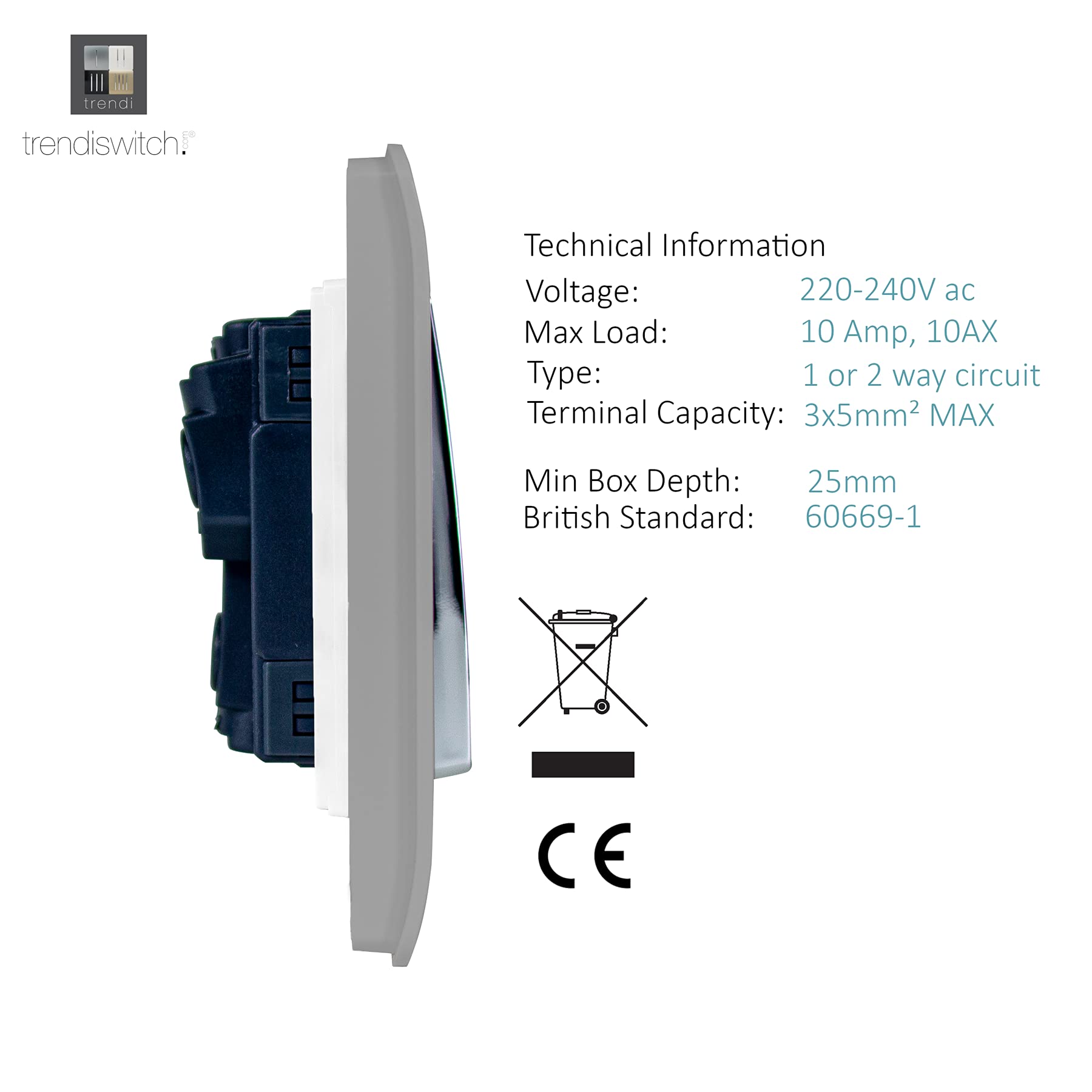 Trendi 1 Gang 2 Way 10 Amp Rocker Light Switch - Chrome & Glossy Light Grey (3 Pack) - Perfect for Home, Office & Commercial Lighting Control