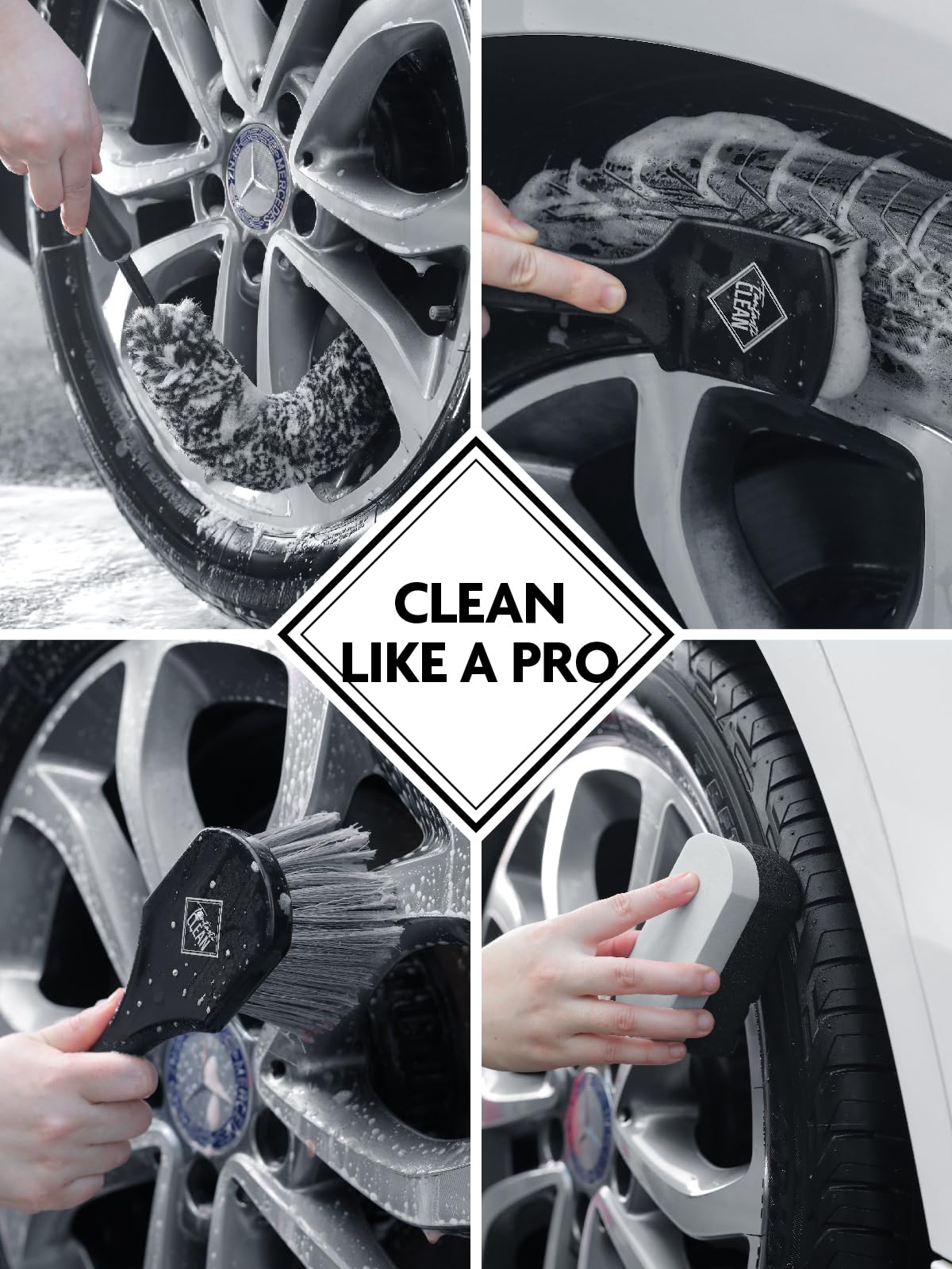 Fantasticlean 6PCS Car Wheel Cleaning Kit - Tire Brush, Soft Bristle Rim Brush, Bendable Microfiber Brush, Double-Ended Detailing Brush & Pads - Scratch-Free for Alloy Wheels, Rims & Tires - Perfect for Car Detailing, Auto Wash & DIY Cleaning