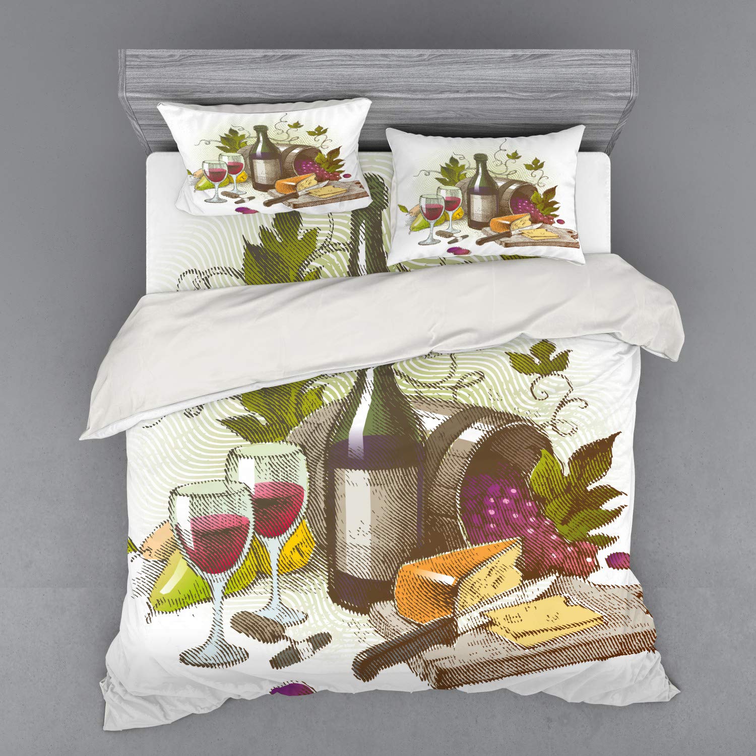 Ambesonne Vintage Wine & Cheese Duvet Cover Set - 4 Piece King Size Bedding with Shams & Fitted Sheet - Gourmet Food Pattern Multicolor Luxury Bedding for Master Bedroom, Guest Room & Wine Lovers