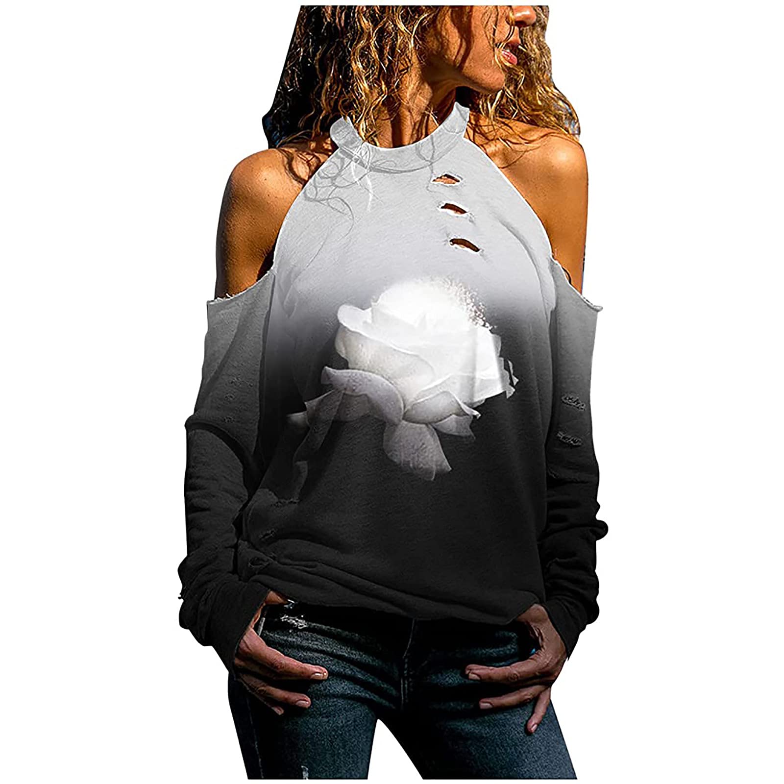 Sexy Cold Shoulder Tops for Women - Halter Neck Long Sleeve Blouse, Dressy Casual Graphic Tunic Shirt for Night Out, Party & Date Night | Trendy Going Out Tops