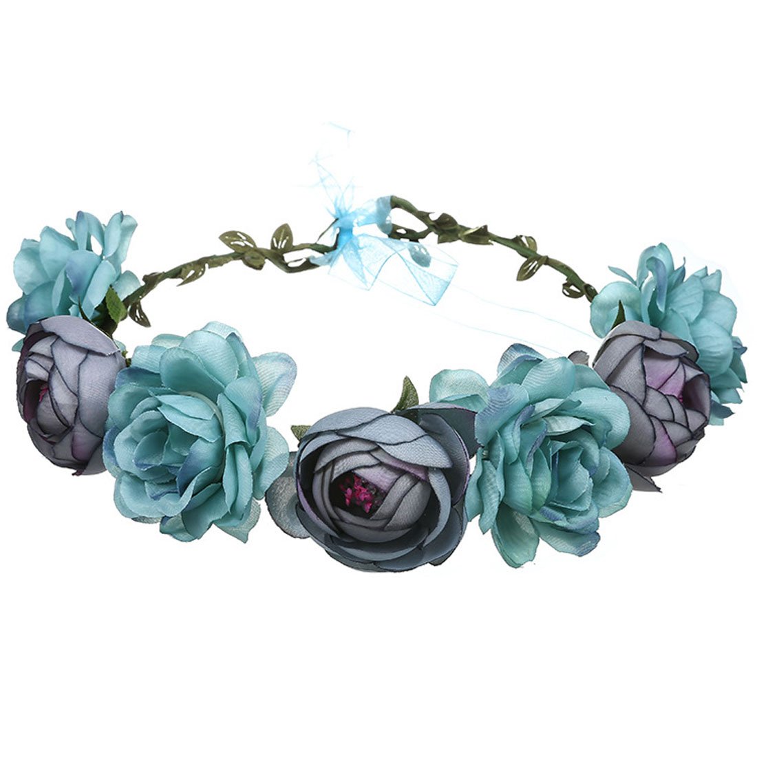 June Bloomy Women's Rose Floral Crown Hair Wreath - Adjustable Ribbon Headband with Leaves (Blue) | Perfect for Weddings, Festivals, and Boho Photoshoots