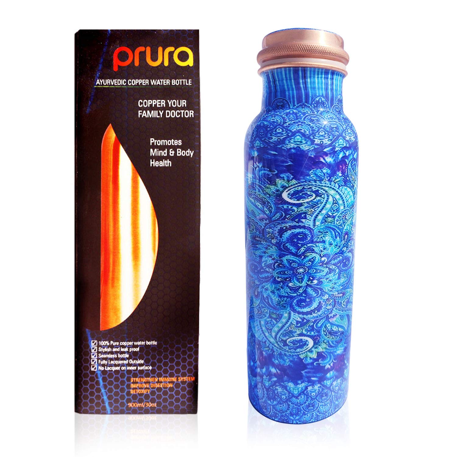 PRURA Pure Printed Copper Water Bottle - 30oz Leak Proof Ayurvedic Copper Vessel for Hydration | BPA-Free, Eco-Friendly Drinkware for Sports, Gym, Yoga, Hiking & Outdoor Activities | Promotes Health Benefits & Detoxification | Perfect Gift for Fitness Enthusiasts & Wellness Lovers