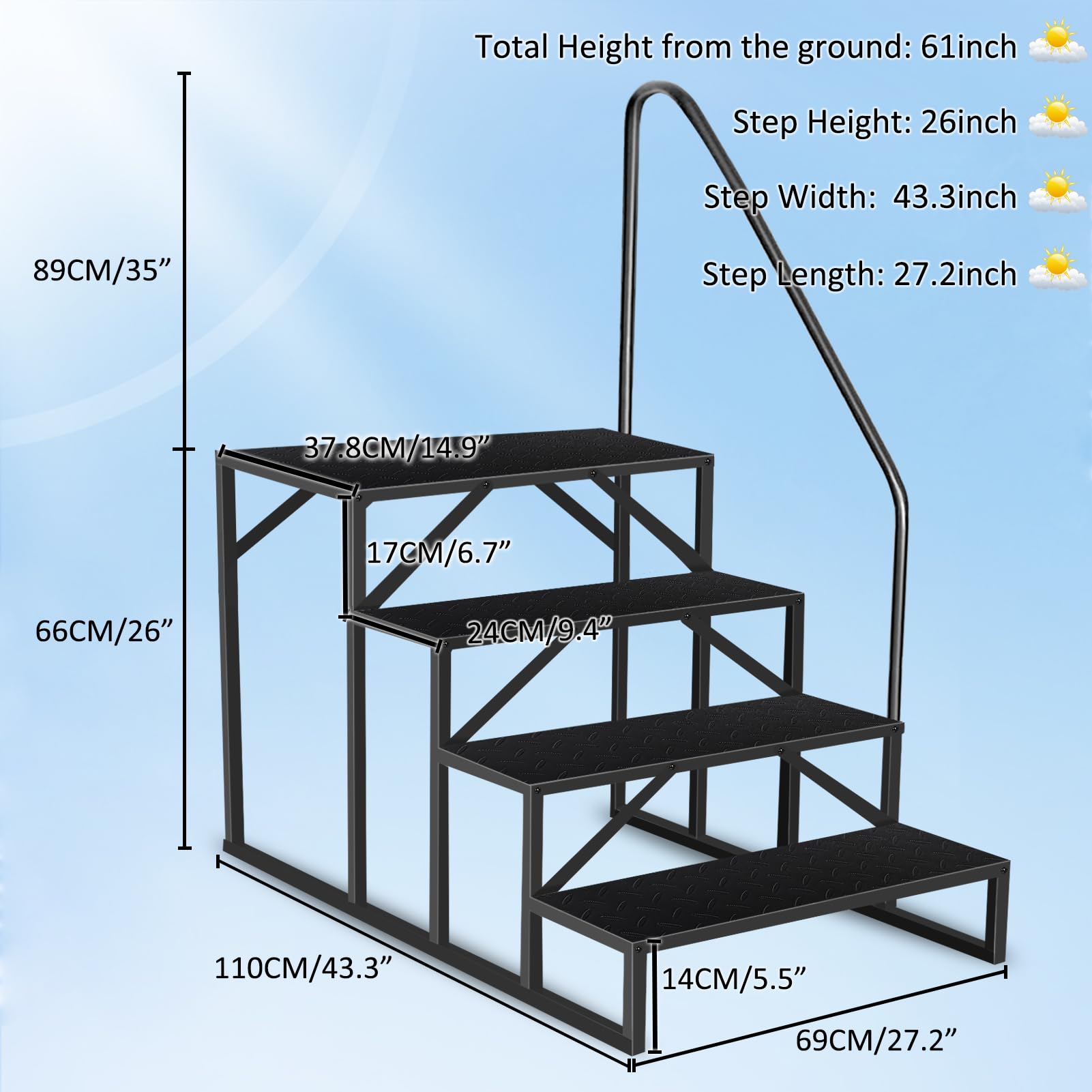Above Ground Swimming Pool Ladder with Handrail - Heavy Duty 4-Step RV & Camper Step Stool - 660 lbs Weight Capacity for Hot Tubs, Mobile Homes & Outdoor Use - Perfect for Easy Pool Access & Safe Entry/Exit