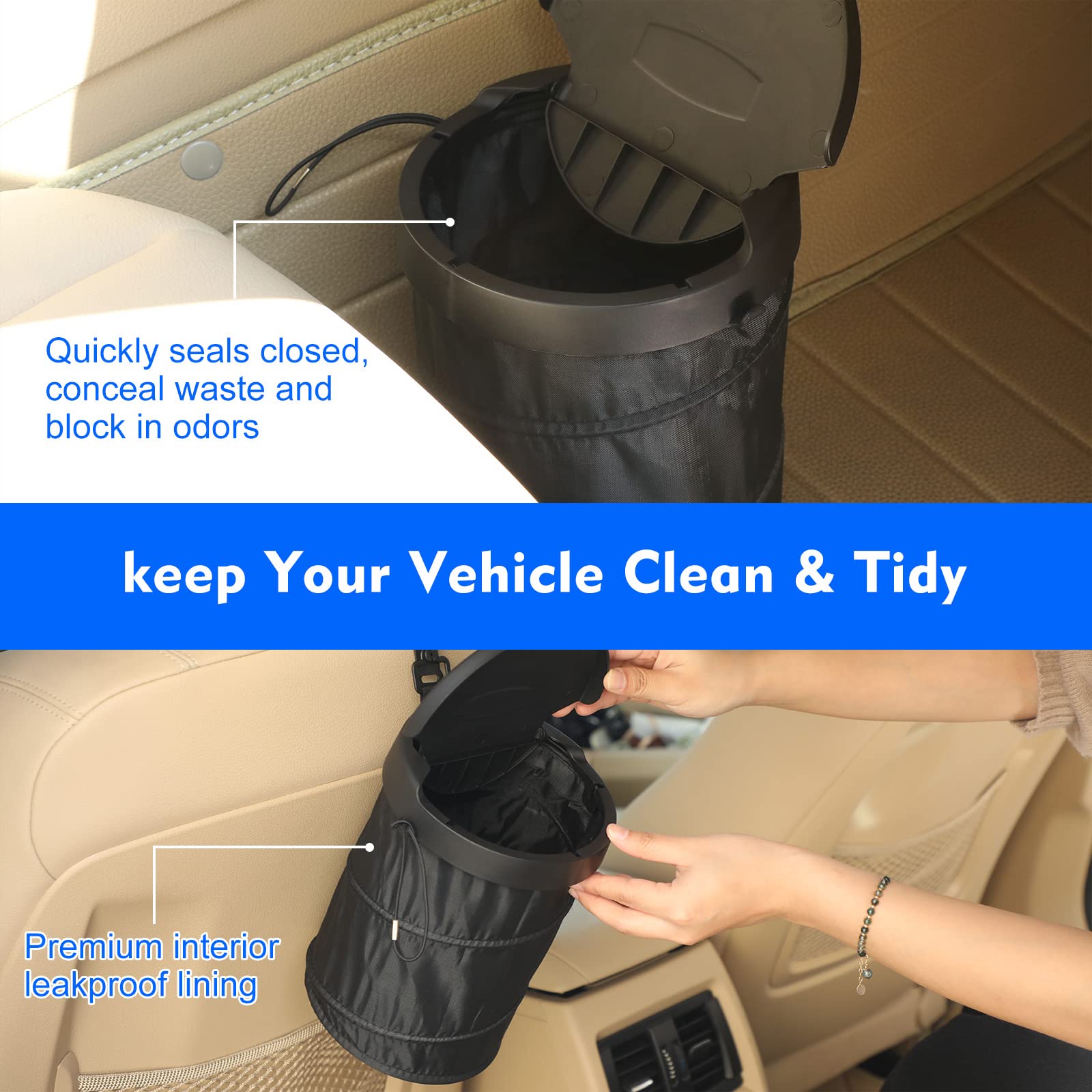 2 Pack Collapsible Car Trash Can with Lid - Portable Travel Garbage Bin with 2 Seat Hooks - Universal Fit for Cars, SUVs & Trucks (6.3x6.3x8.1 Inch, Black) - Perfect for Road Trips, Commuting & Keeping Your Vehicle Clean