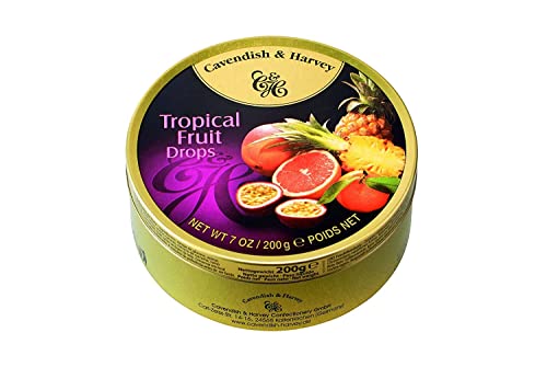 Cavendish & Harvey Tropical Fruit Hard Candy Drops - 7 Ounce Tin | Delicious Assorted Flavors | Perfect for Office, Travel & Gift Giving