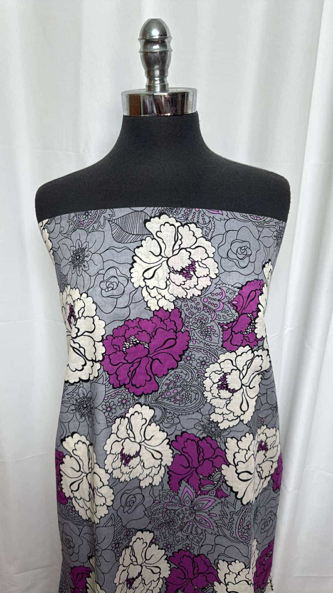 Purple and Grey Floral Cotton Woven Fabric - 2 Yard Cut for DIY Sewing, Quilting, and Home Decor Projects