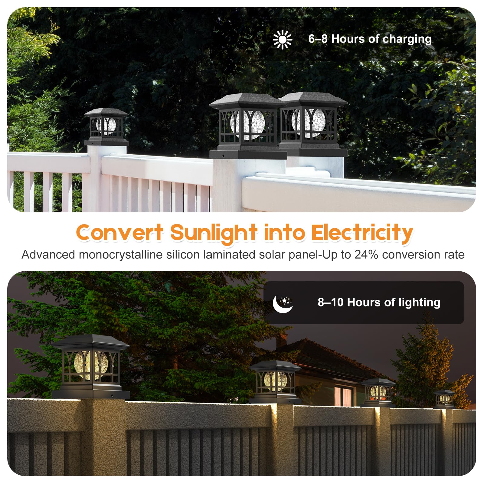 Solar Post Cap Lights - 12 Pack Black Crackle Glass Fence Lights, 20 Lumens Warm White & RGB Auto Color Changing, Waterproof for 3.6x3.6 to 5x5 Wood/Vinyl Posts - Perfect for Patio, Garden, Deck & Pathway Lighting