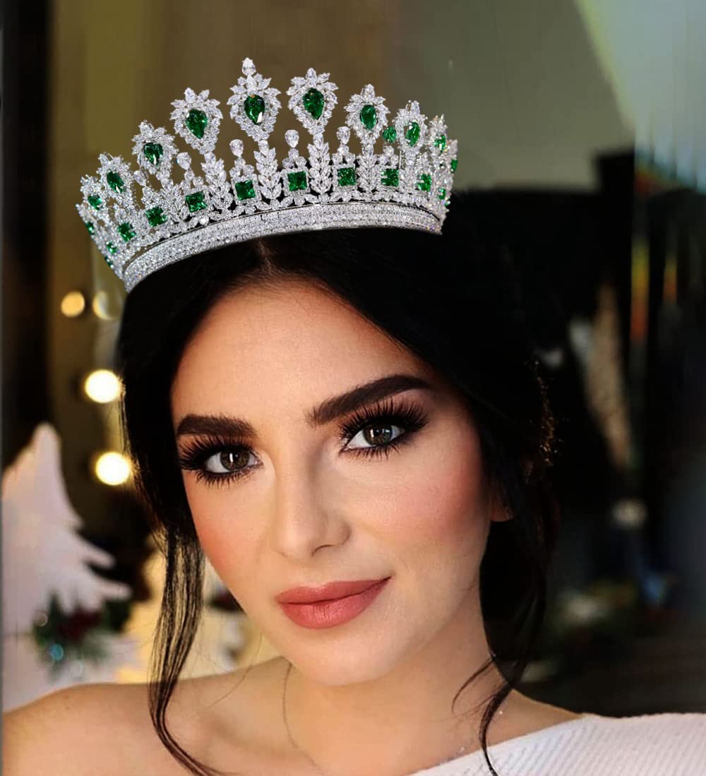 Jorsnovs Cubic Zirconia Princess Crown Tiara - Elegant Quinceañera & Bridal Headpiece with Large Emerald CZ Stones | Wedding, Prom, Pageant Hair Jewelry for Women & Girls | Perfect for Quinceañeras, Bridal Showers, and Special Occasions