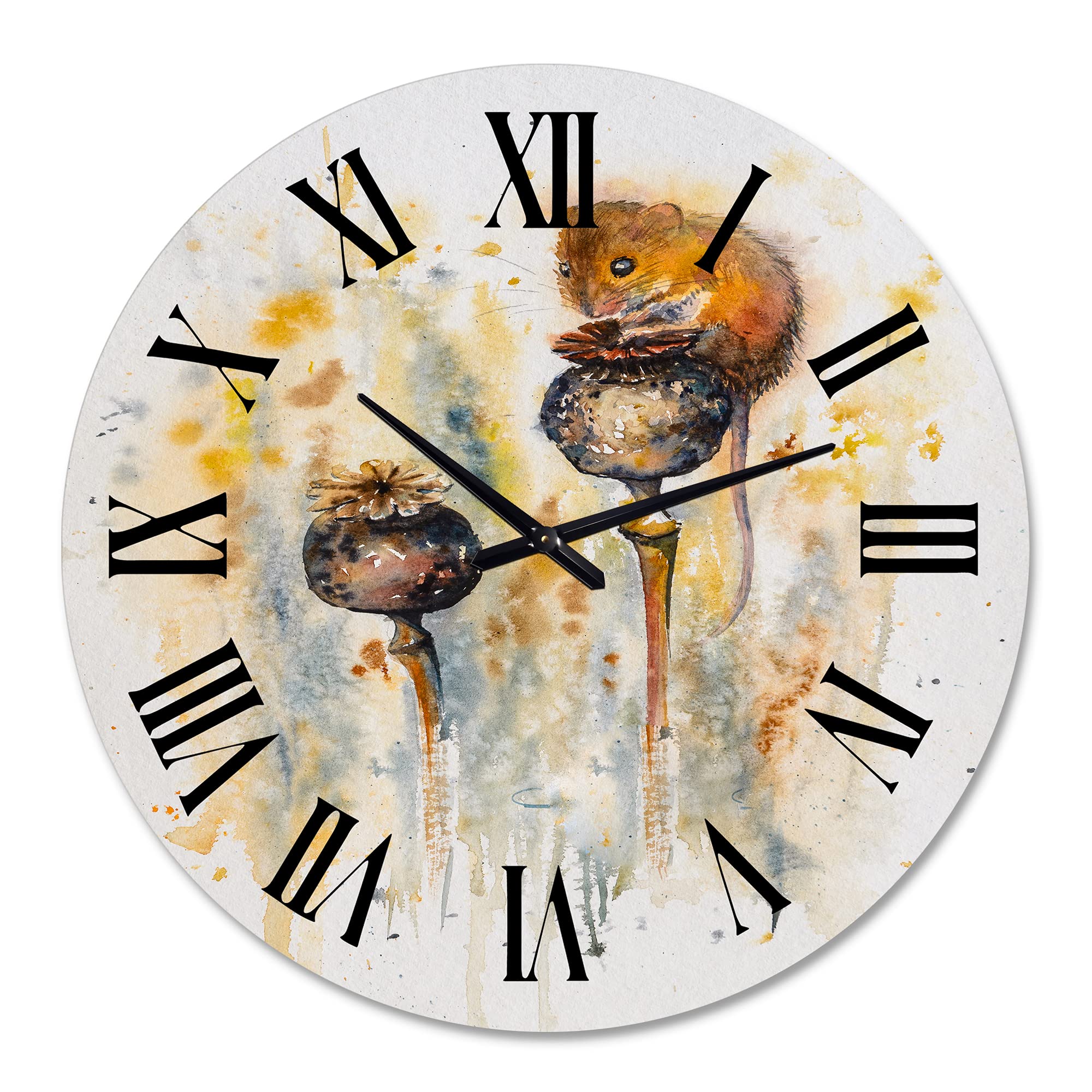 DesignQ Traditional Wall Clock 'Mouse Sitting On Poppies' - Large Animal Wall Clock for Home & Office Decor - Perfect for Living Room, Bedroom, and Workspace