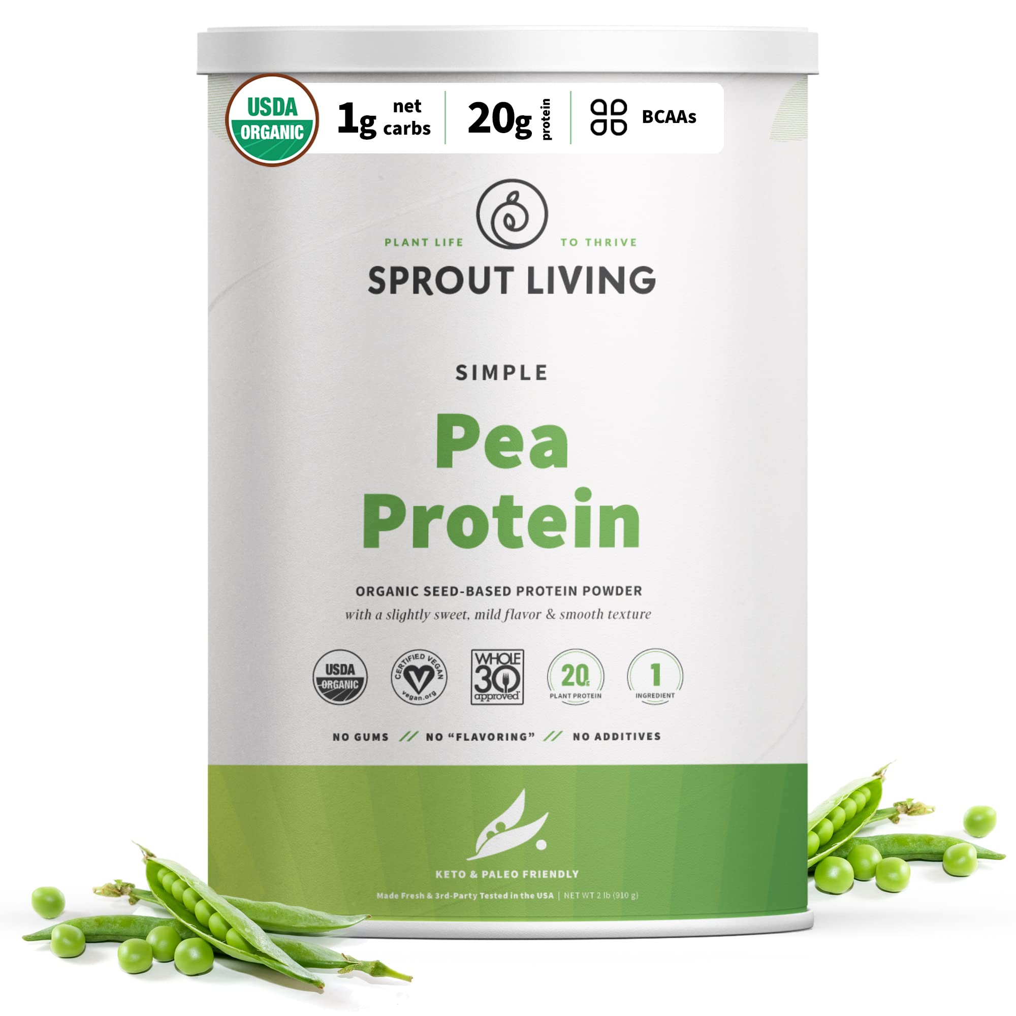 Sprout Living Organic Pea Protein Powder - 20g Plant-Based Vegan Protein, Non-GMO, Dairy-Free, Gluten-Free, Keto-Friendly, No Artificial Sweeteners (2lb) - Perfect for Smoothies, Baking & Post-Workout Recovery